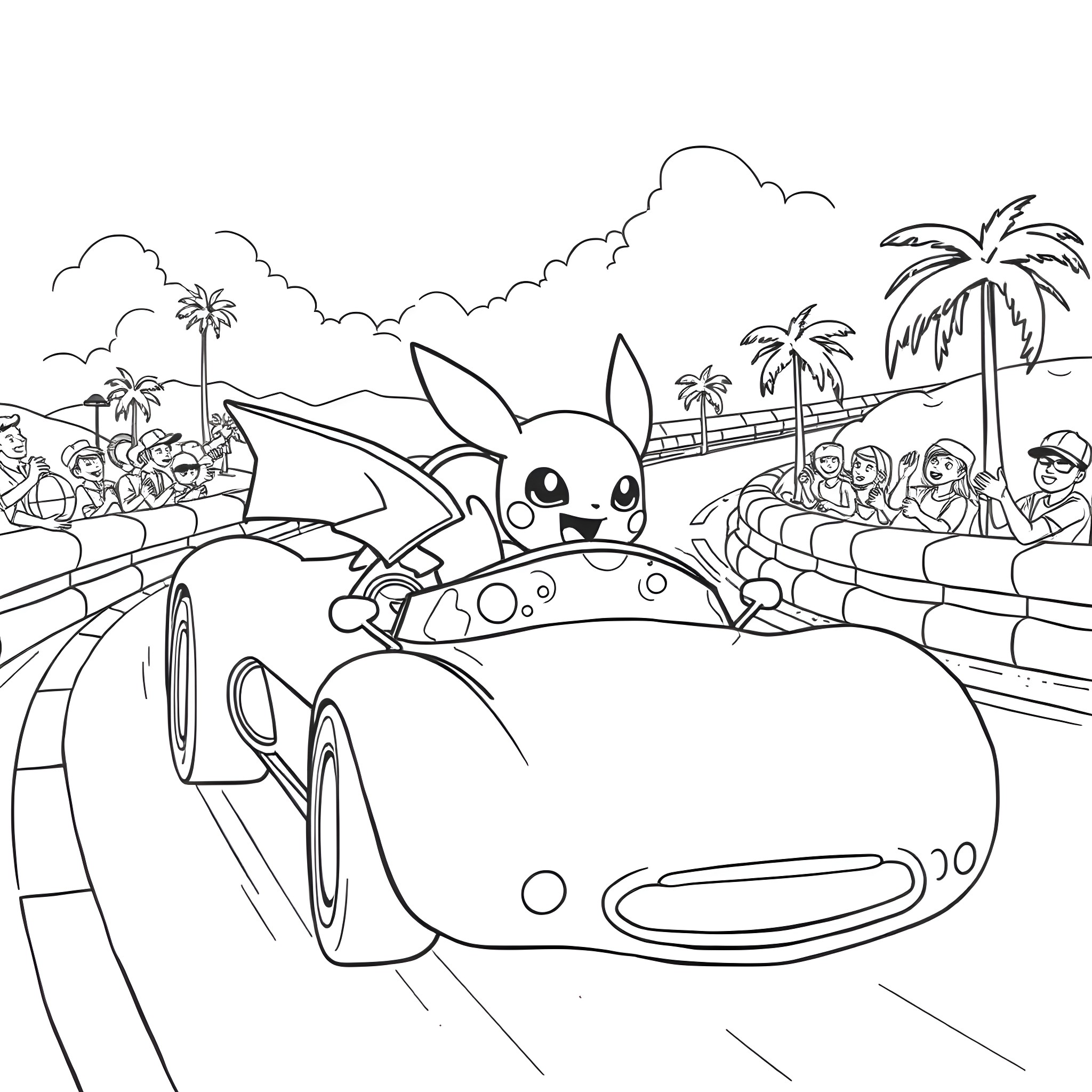 Pokémon Pikachu Racing on the Beach Coloring Page (free black-and-white line drawing printable PDF for all, from beginners to advanced learners, including children, teens, adults, and seniors)