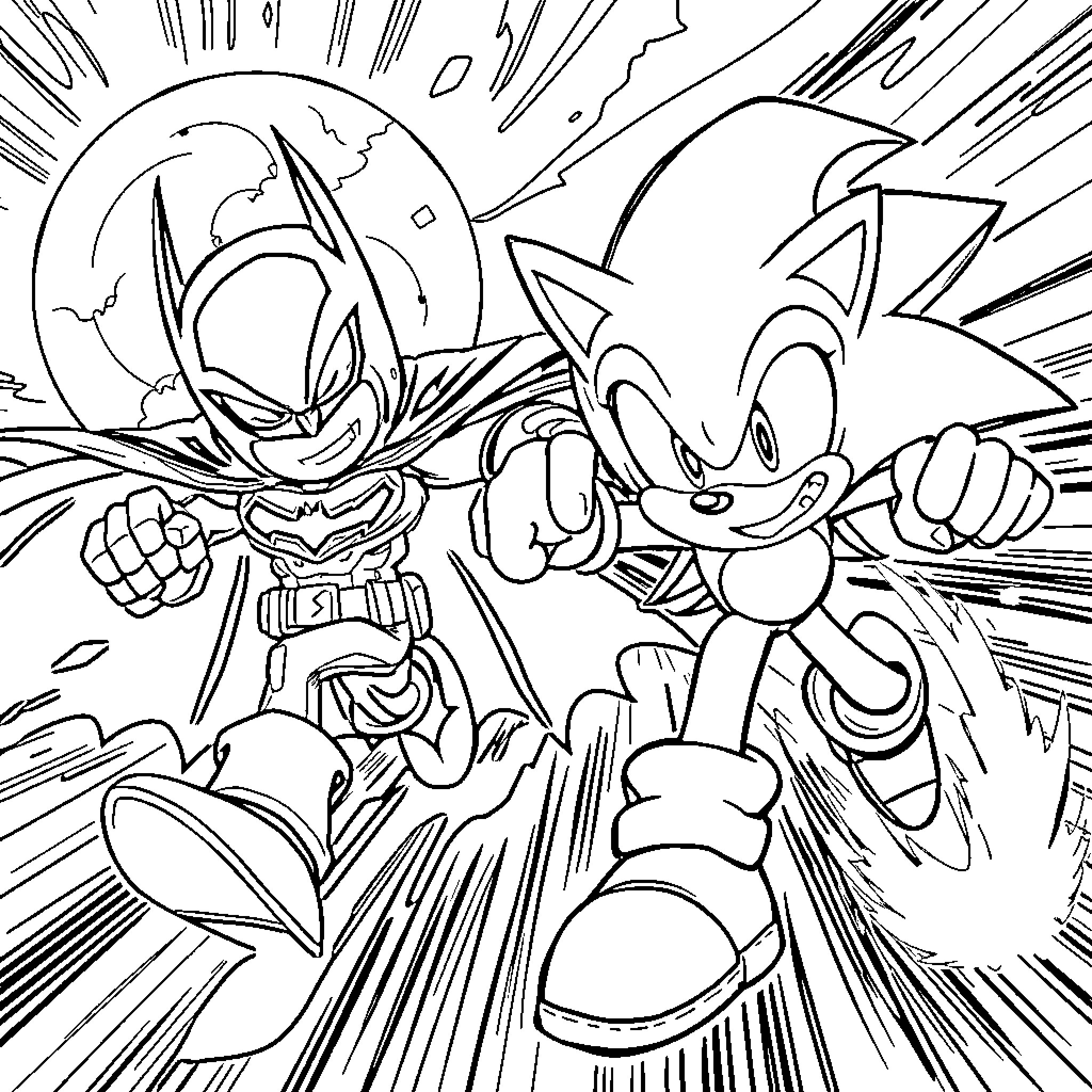 Sonic and Hedgehog in heroic action pose Coloring Page (free black-and-white line drawing printable PDF for all, from beginners to advanced learners, including children, teens, adults, and seniors)