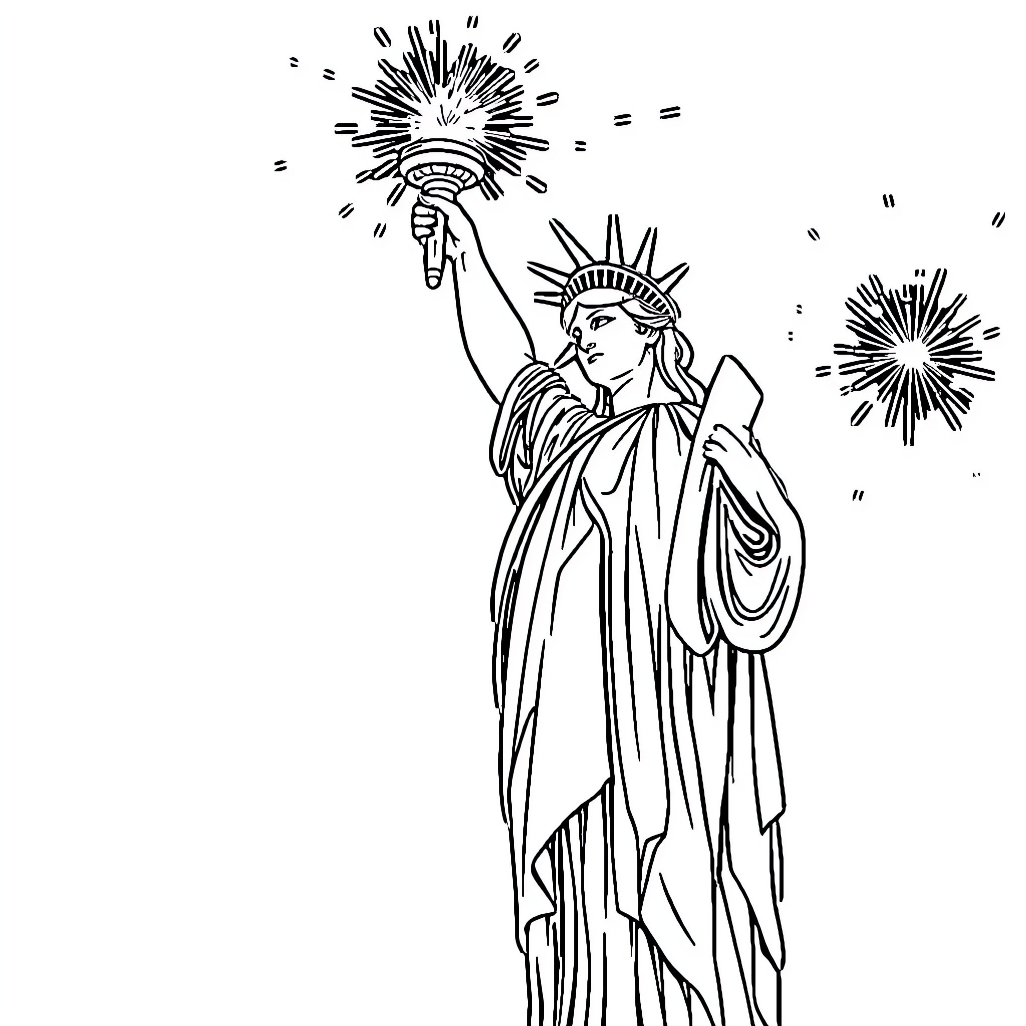 Statue Of Liberty celebrating with fireworks Coloring Page (free black-and-white line drawing printable PDF for all, from beginners to advanced learners, including children, teens, adults, and seniors)
