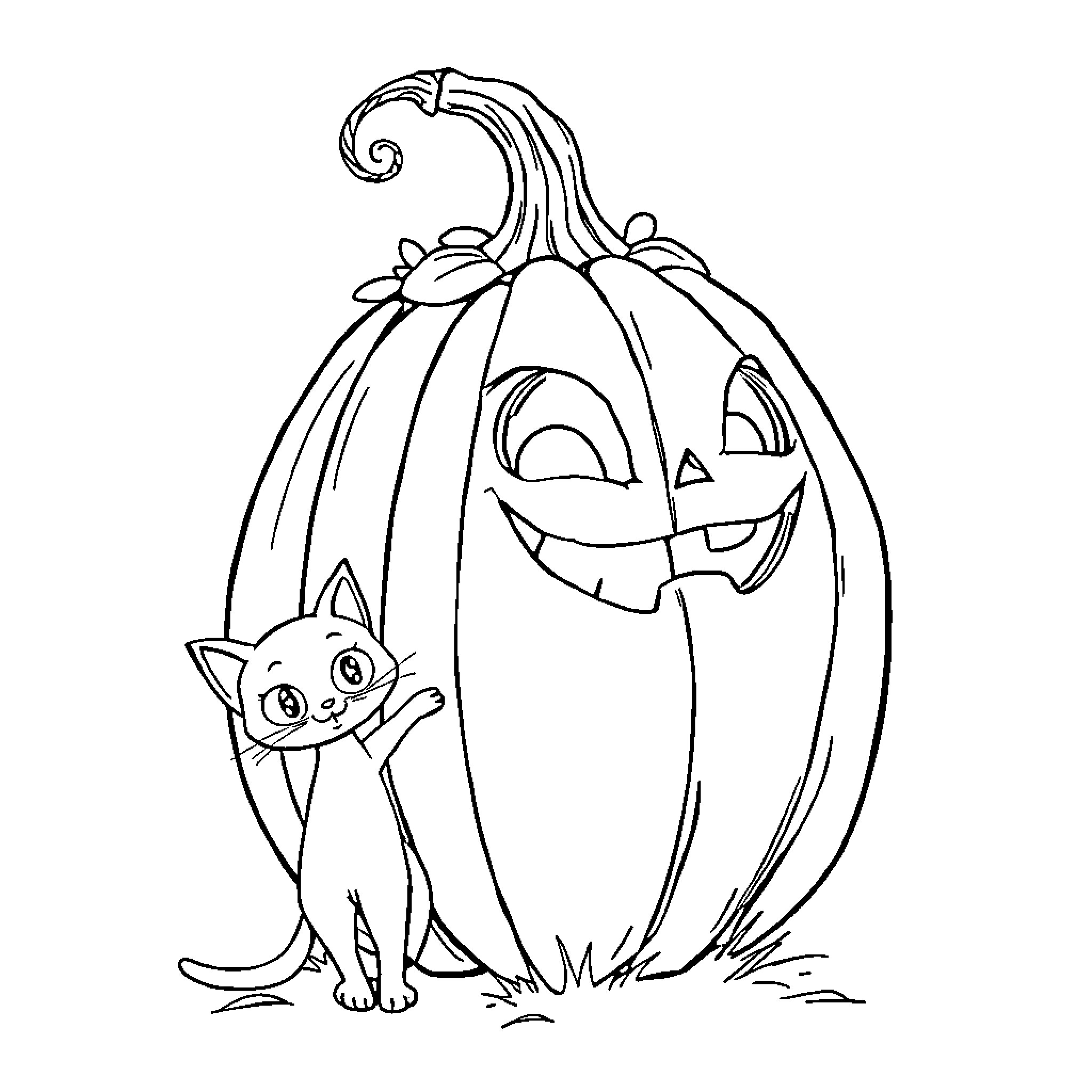Pumpkin with a mischievous cat Coloring Page (free black-and-white line drawing printable PDF for all, from beginners to advanced learners, including children, teens, adults, and seniors)