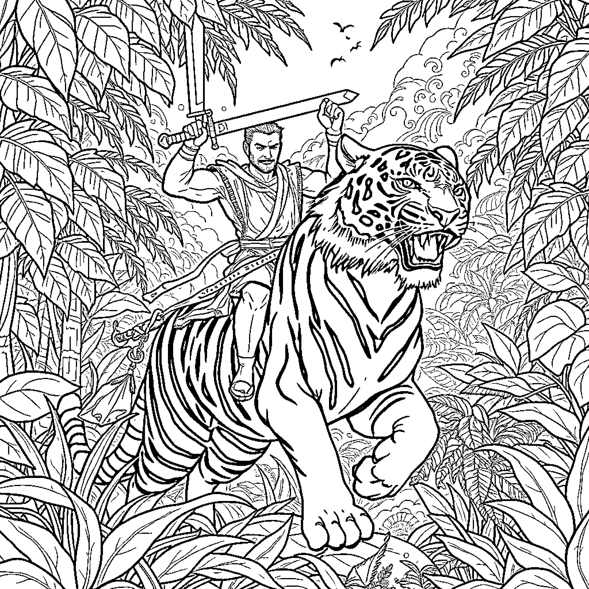 He-Man battles a fierce tiger in the jungle Coloring Page (free black-and-white line drawing printable PDF for all, from beginners to advanced learners, including children, teens, adults, and seniors)