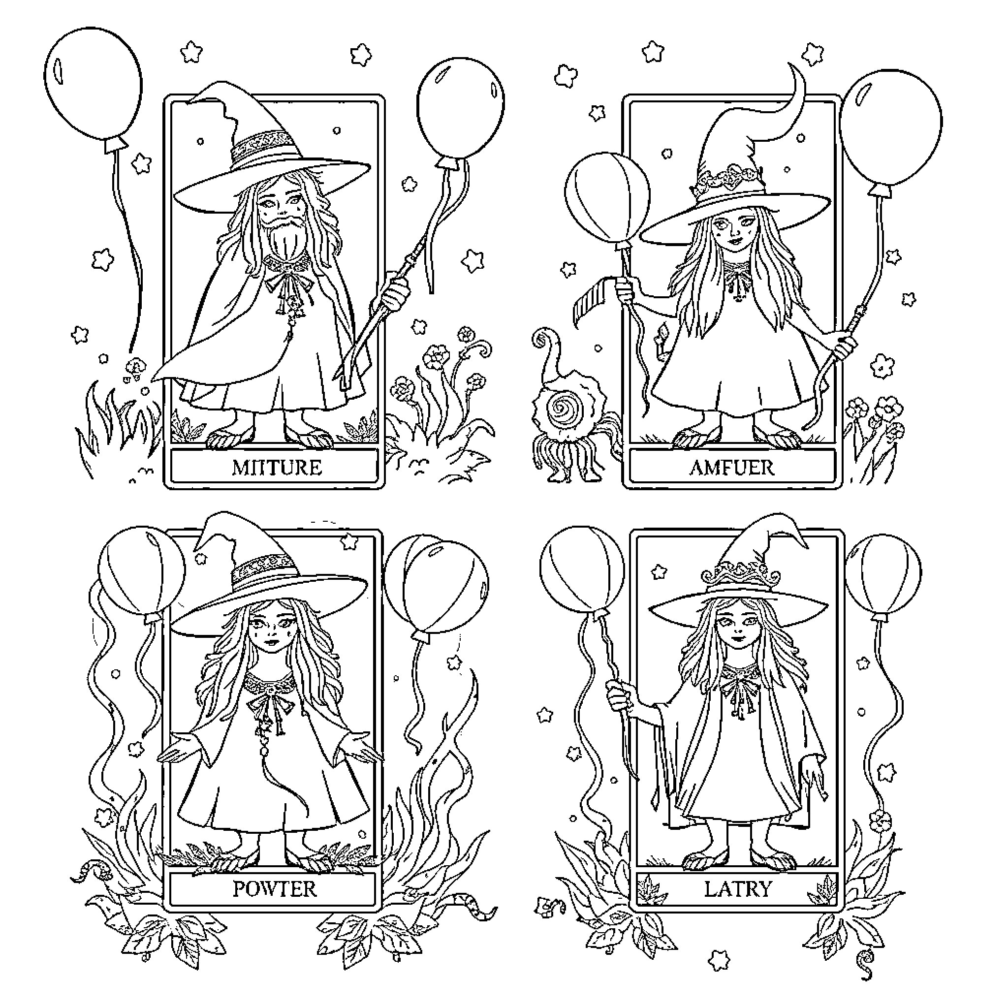 Tarot Card Illustrations of Fantastical Figures Coloring Page (free black-and-white line drawing printable PDF for all, from beginners to advanced learners, including children, teens, adults, and seniors)