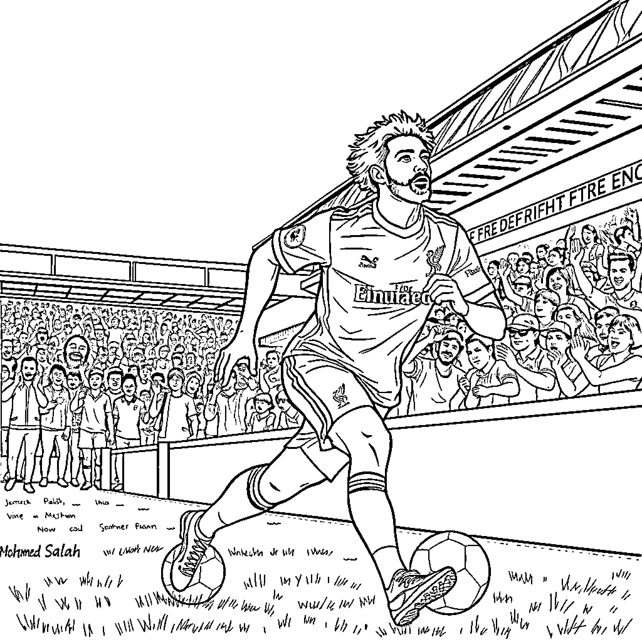 Mohammed Salah celebrates football victory with crowd Coloring Page (free black-and-white line drawing printable PDF for all, from beginners to advanced learners, including children, teens, adults, and seniors)