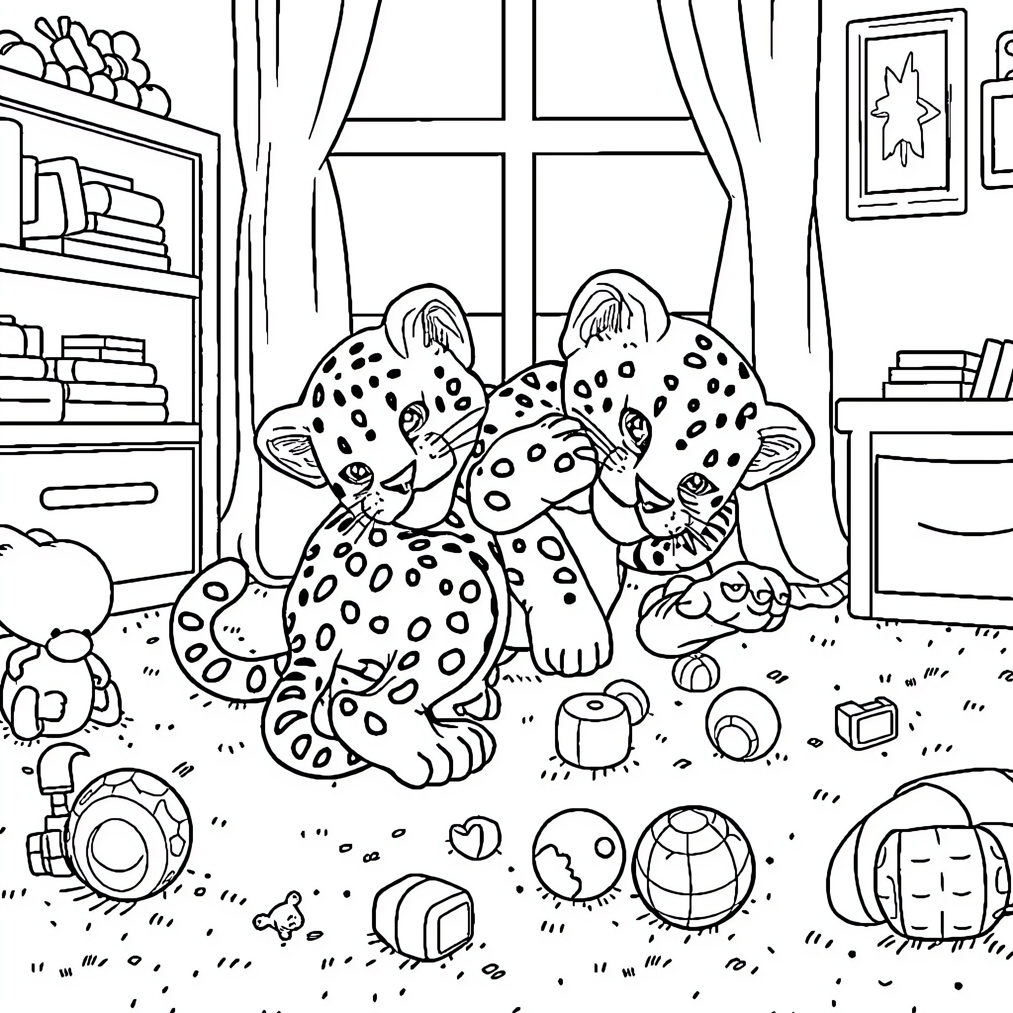 Panther cubs playing in a cozy indoor setting Coloring Page (free black-and-white line drawing printable PDF for all, from beginners to advanced learners, including children, teens, adults, and seniors)