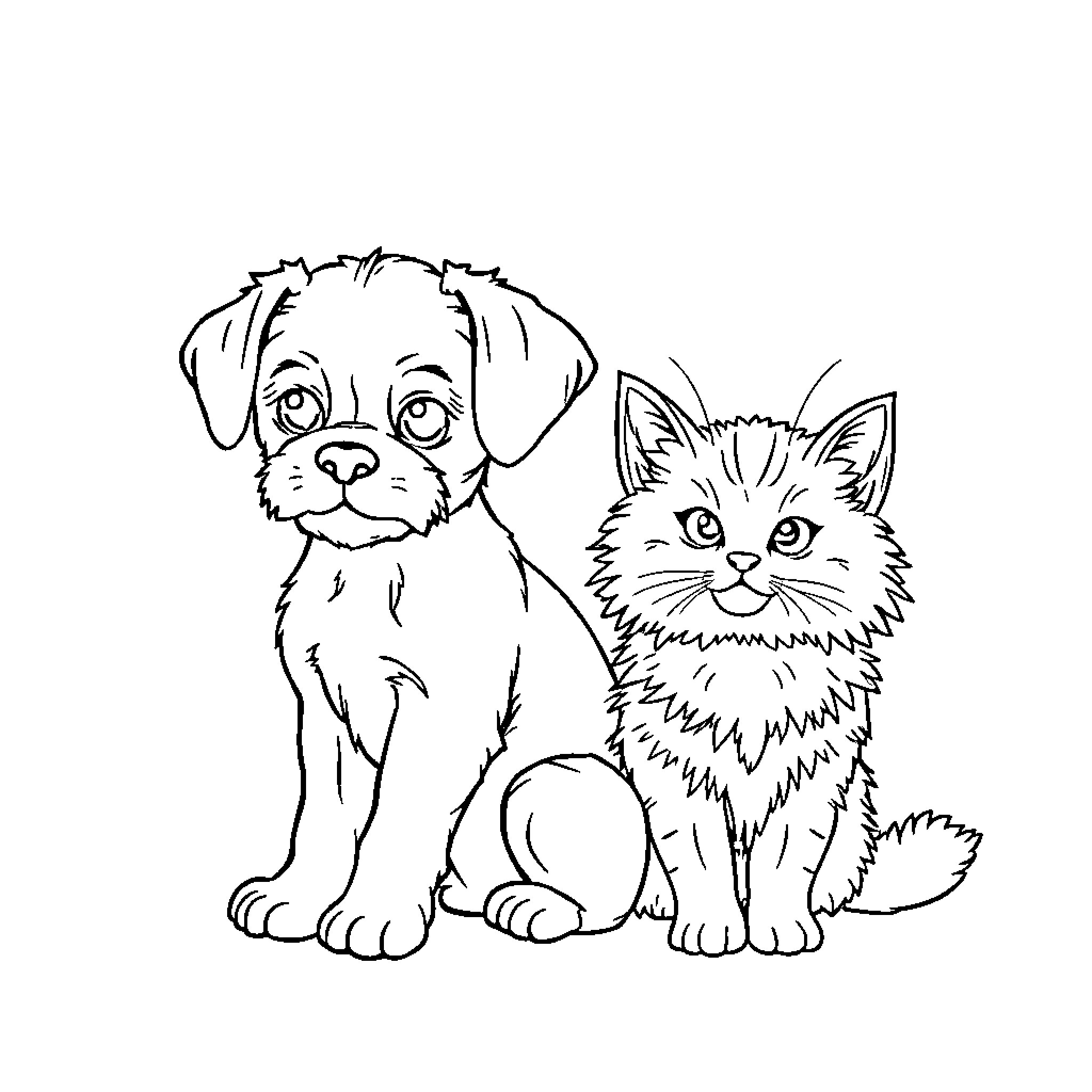 Dog and cat enjoying companionship Coloring Page (free black-and-white line drawing printable PDF for all, from beginners to advanced learners, including children, teens, adults, and seniors)