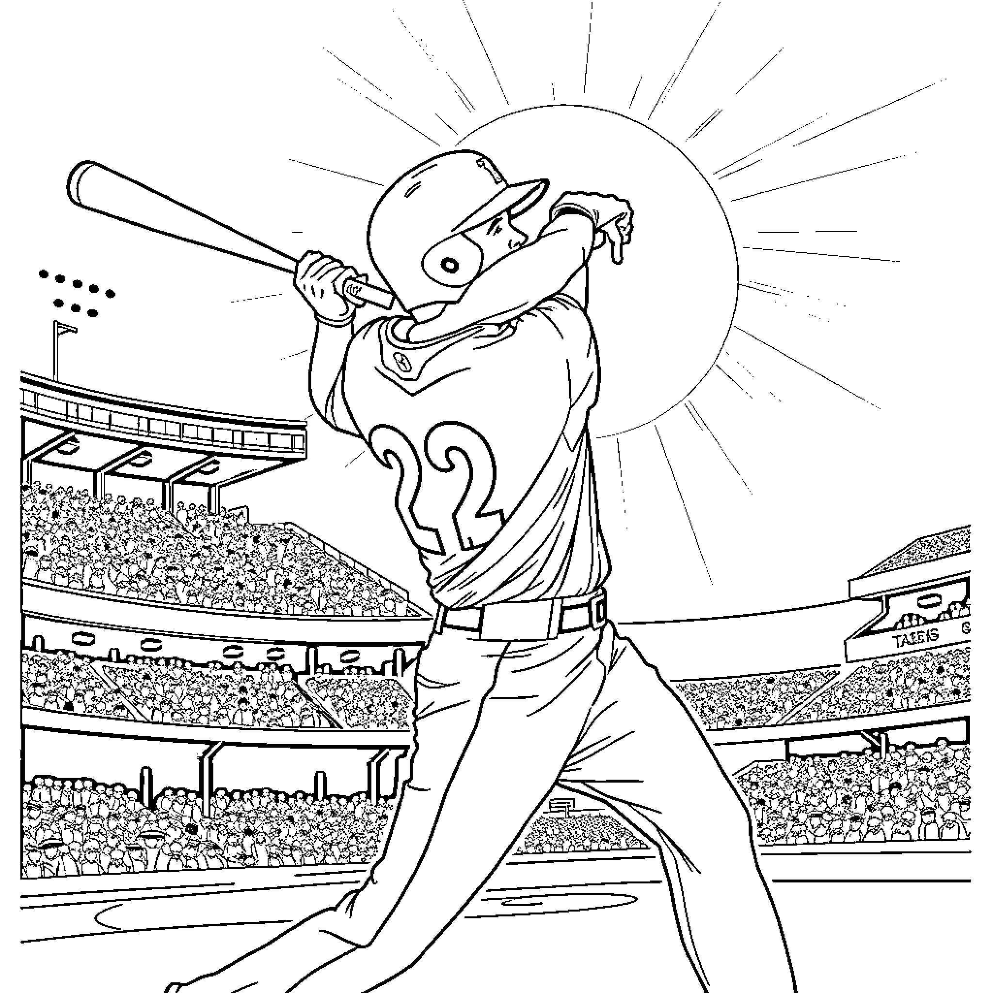 Wyatt Langford batting heroically in the stadium Coloring Page (free black-and-white line drawing printable PDF for all, from beginners to advanced learners, including children, teens, adults, and seniors)