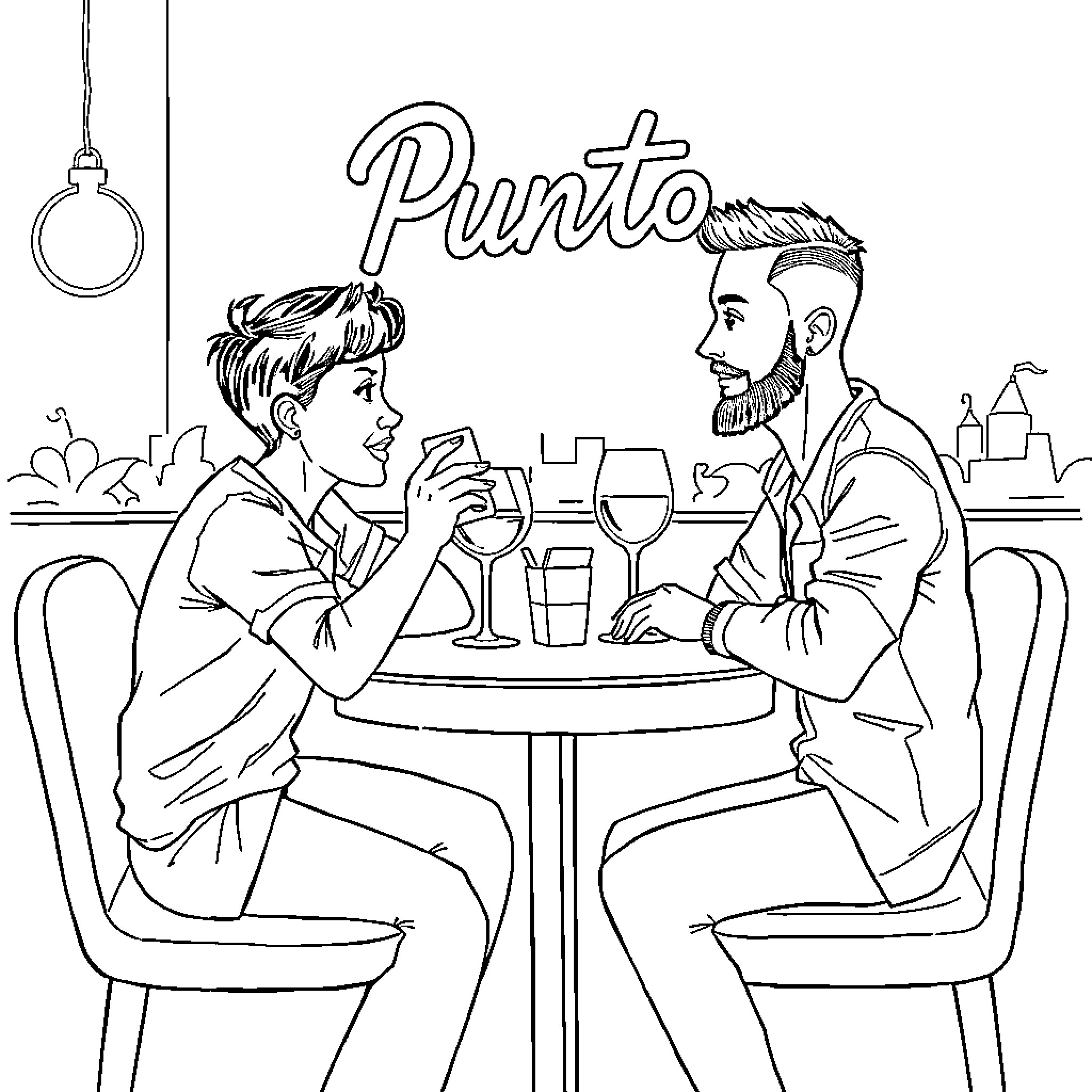 Alfred's Evening Out at the Punto Restaurant Coloring Page (free black-and-white line drawing printable PDF for all, from beginners to advanced learners, including children, teens, adults, and seniors)