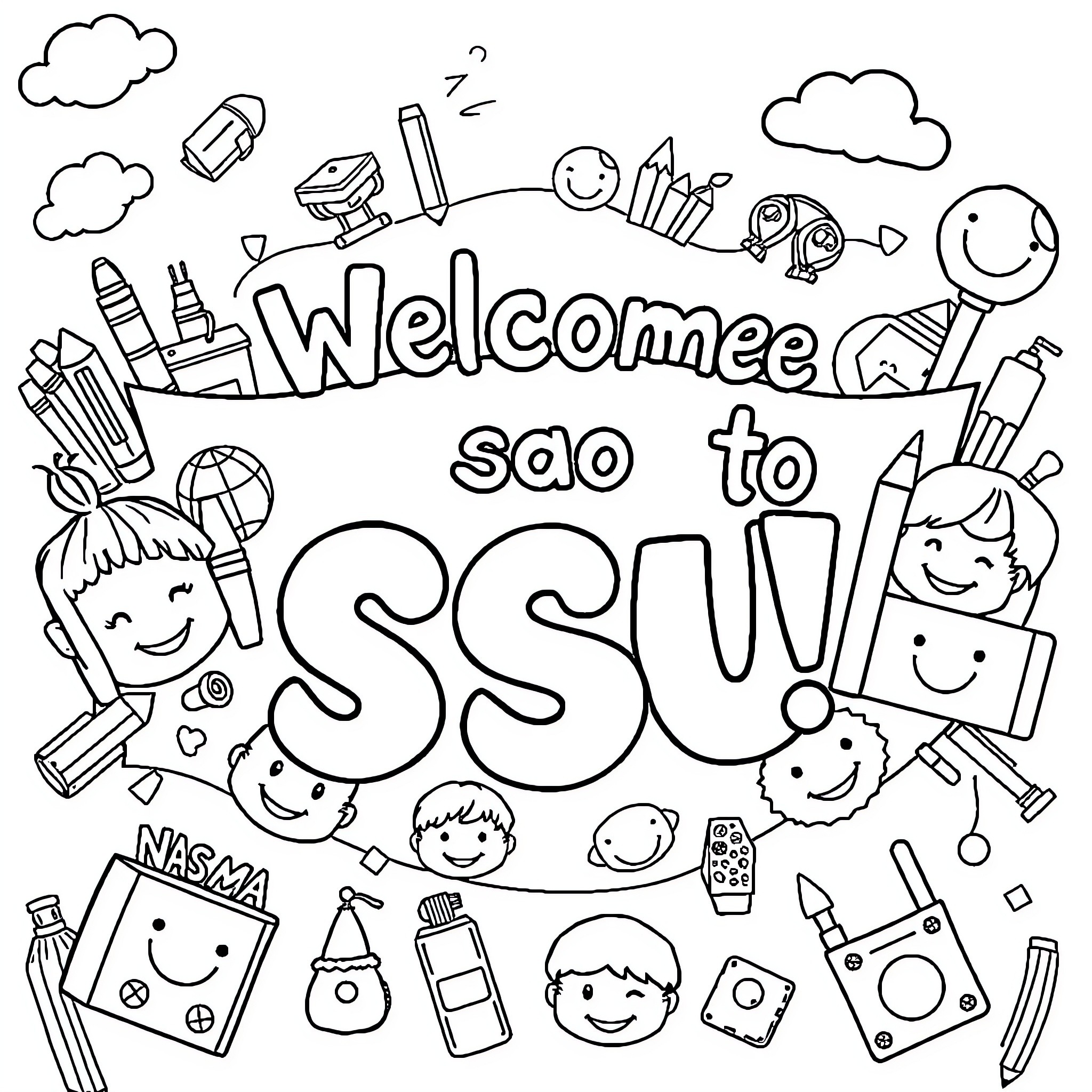 School Welcome Sign with Smiling Students Coloring Page (free black-and-white line drawing printable PDF for all, from beginners to advanced learners, including children, teens, adults, and seniors)