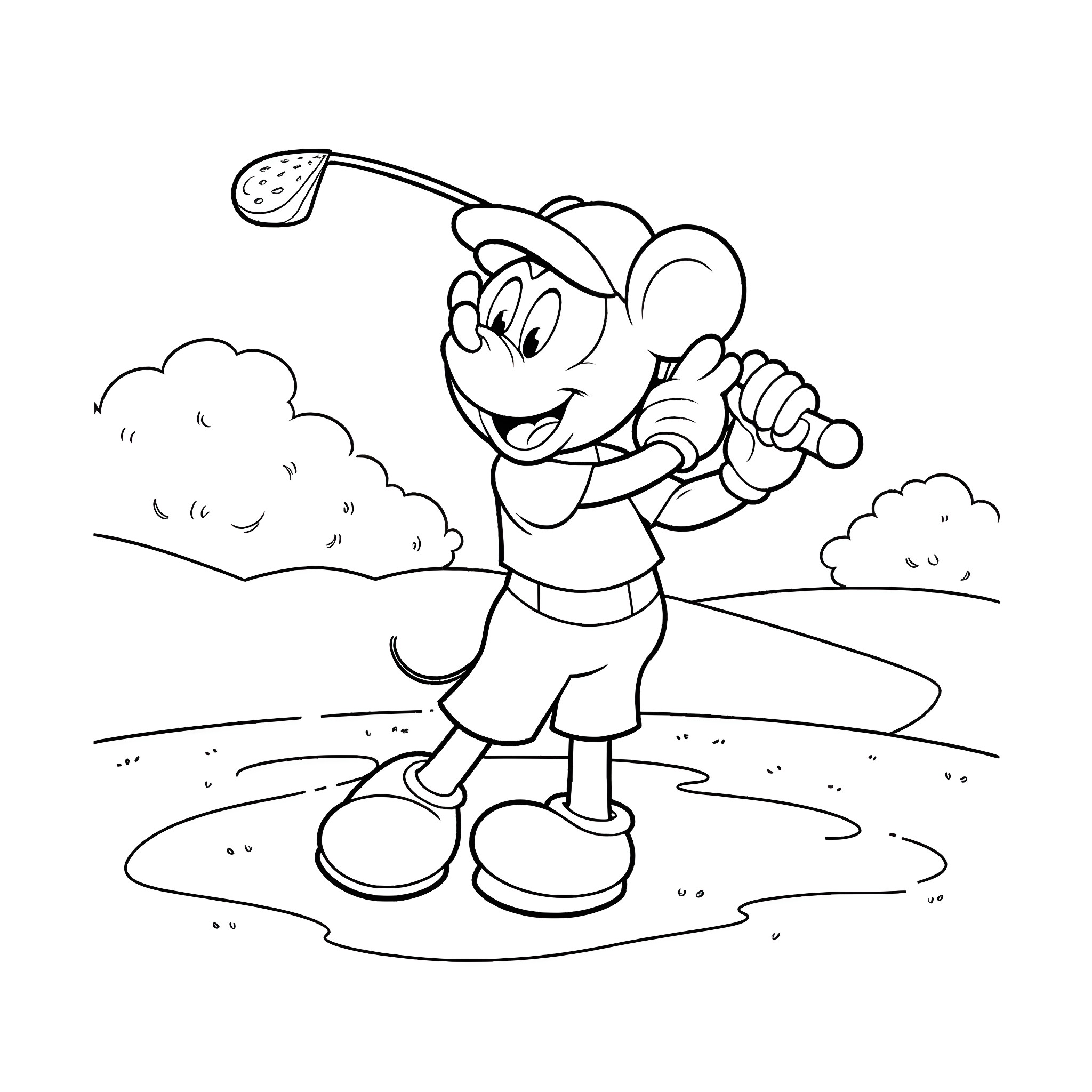 Mickey Mouse playing golf in the park Coloring Page (free black-and-white line drawing printable PDF for all, from beginners to advanced learners, including children, teens, adults, and seniors)