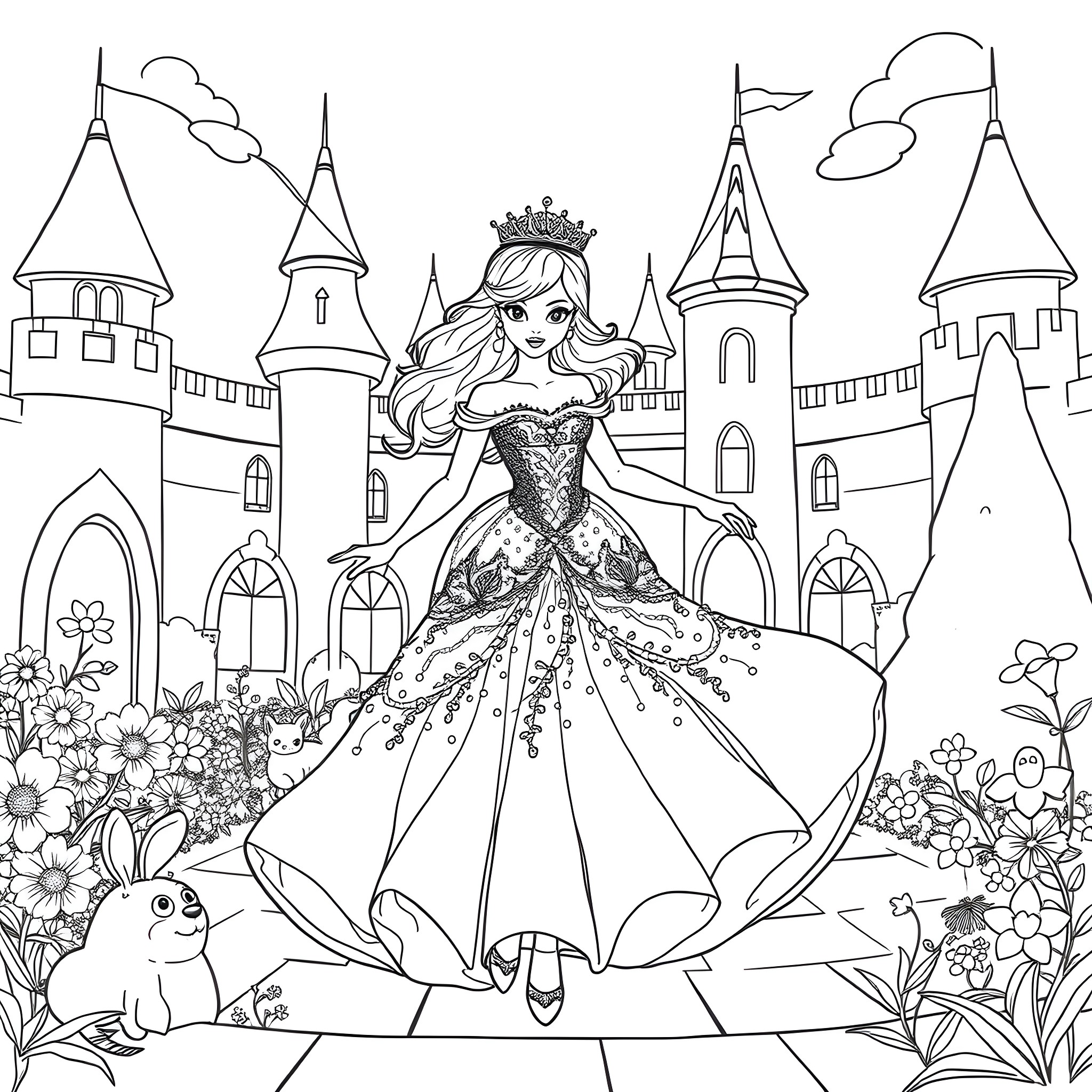 Bluey in a Fairytale Princess Dress at the Castle Coloring Page (free black-and-white line drawing printable PDF for all, from beginners to advanced learners, including children, teens, adults, and seniors)