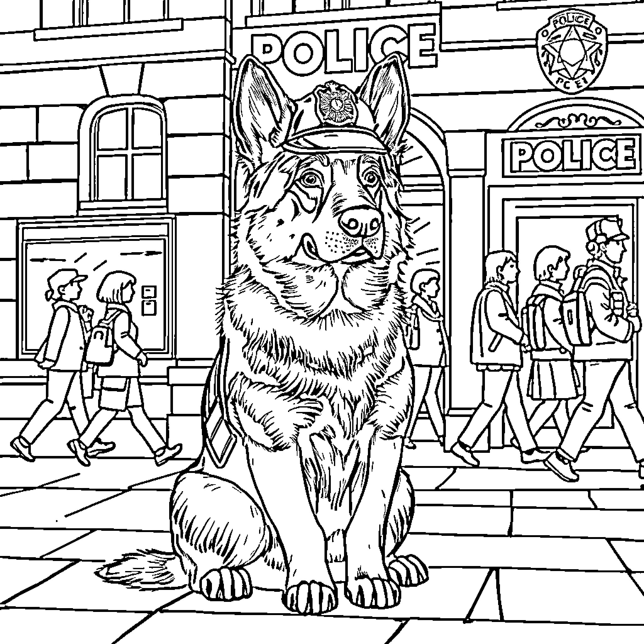Dog police officer guarding the police station Coloring Page (free black-and-white line drawing printable PDF for all, from beginners to advanced learners, including children, teens, adults, and seniors)