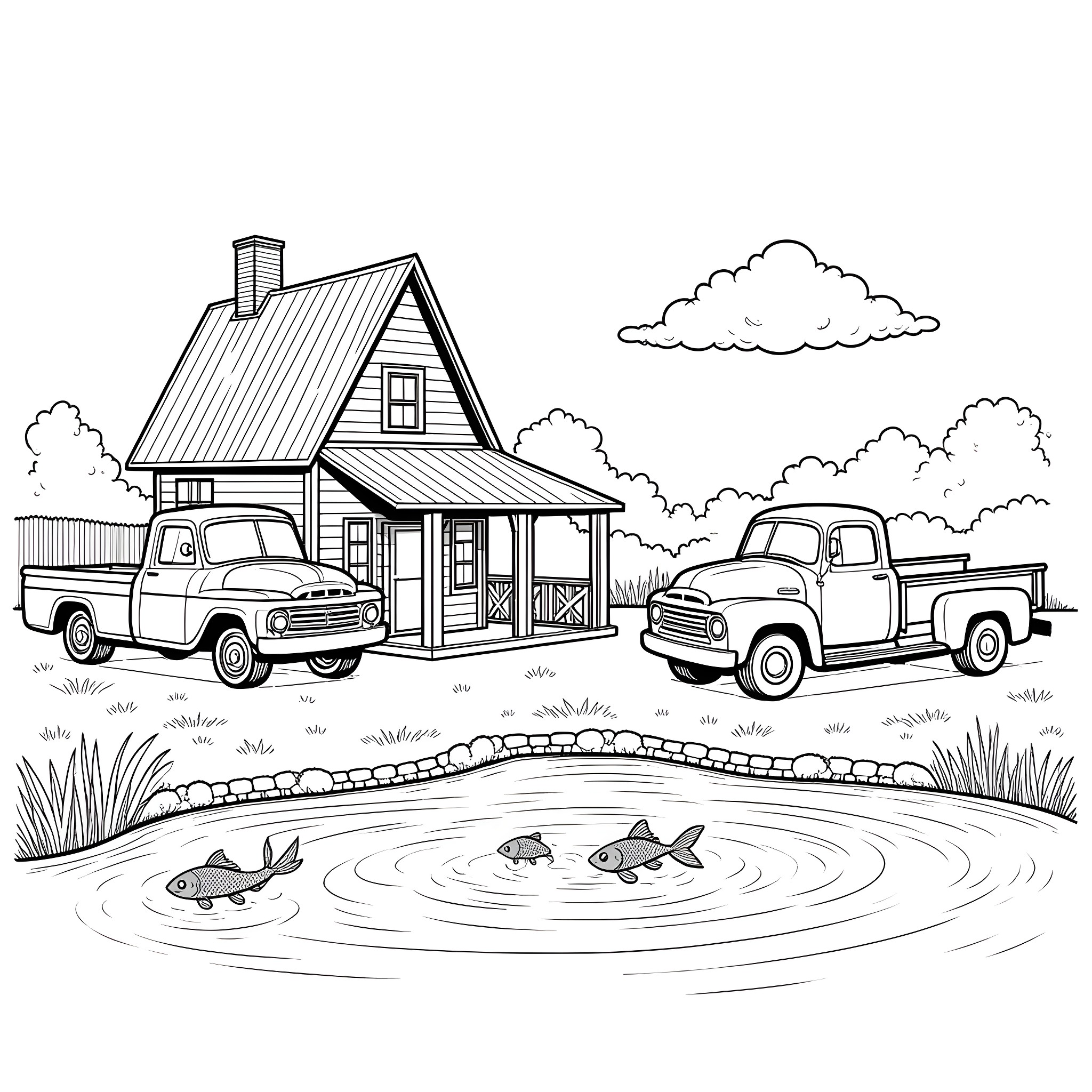 Farmhouse with vintage pickup trucks and pond Coloring Page (free black-and-white line drawing printable PDF for all, from beginners to advanced learners, including children, teens, adults, and seniors)