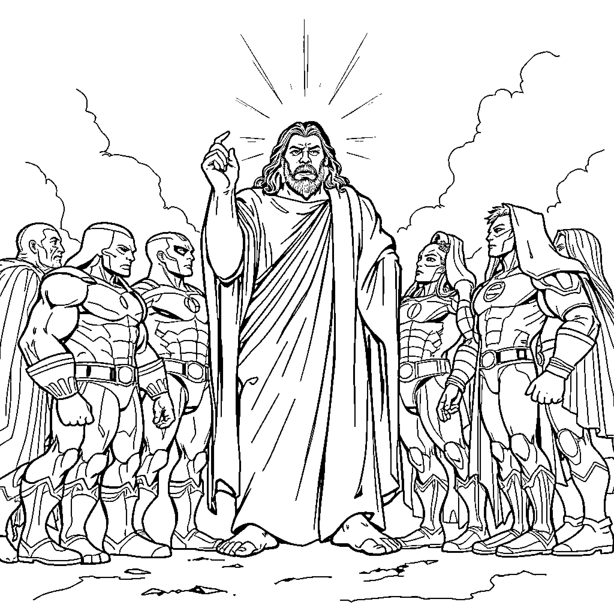 Superhero Religious Leader Inspires Loyal Followers Coloring Page (free black-and-white line drawing printable PDF for all, from beginners to advanced learners, including children, teens, adults, and seniors)