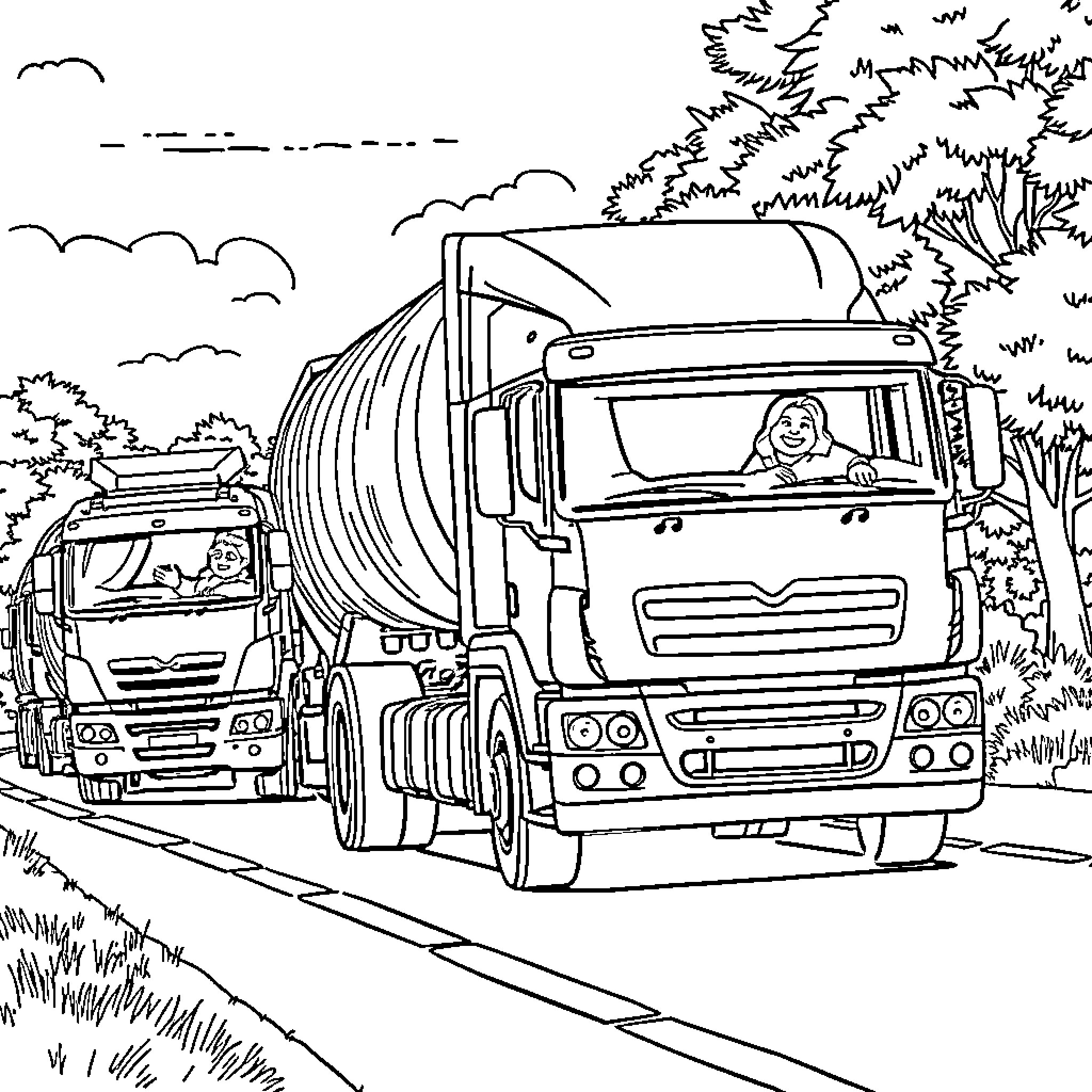 Concrete Trucks Transporting Materials on Rural Road Coloring Page (free black-and-white line drawing printable PDF for all, from beginners to advanced learners, including children, teens, adults, and seniors)