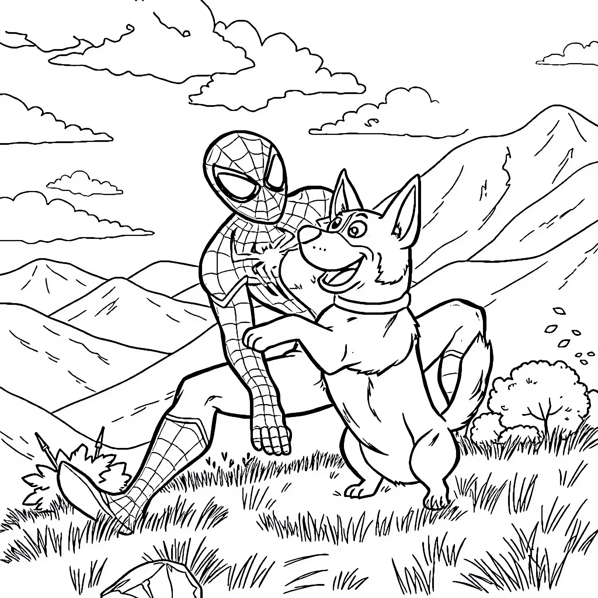 Spider-Man playing with a friendly dog in the mountains Coloring Page (free black-and-white line drawing printable PDF for all, from beginners to advanced learners, including children, teens, adults, and seniors)