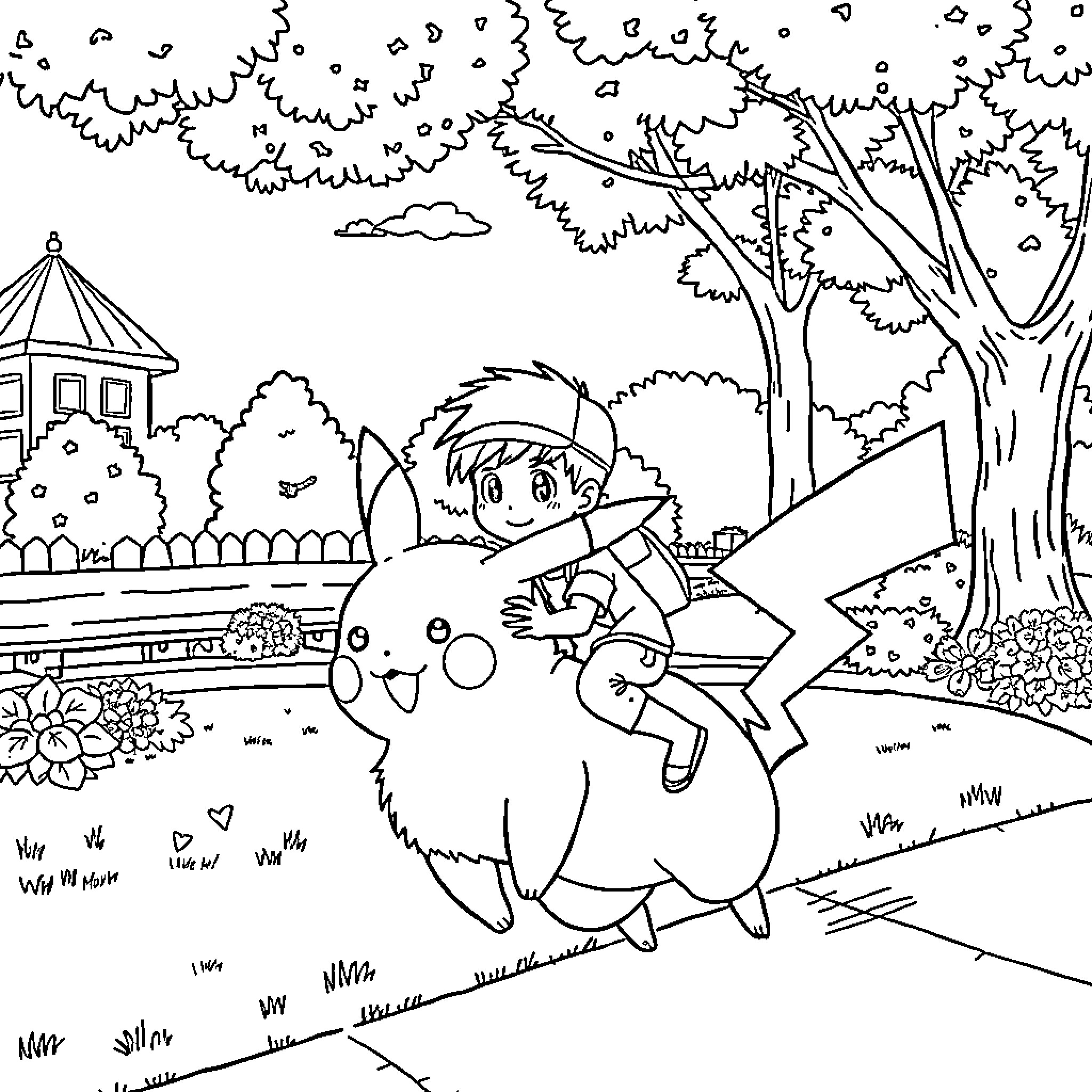 Boy playing joyfully with adorable creature in park Coloring Page (free black-and-white line drawing printable PDF for all, from beginners to advanced learners, including children, teens, adults, and seniors)
