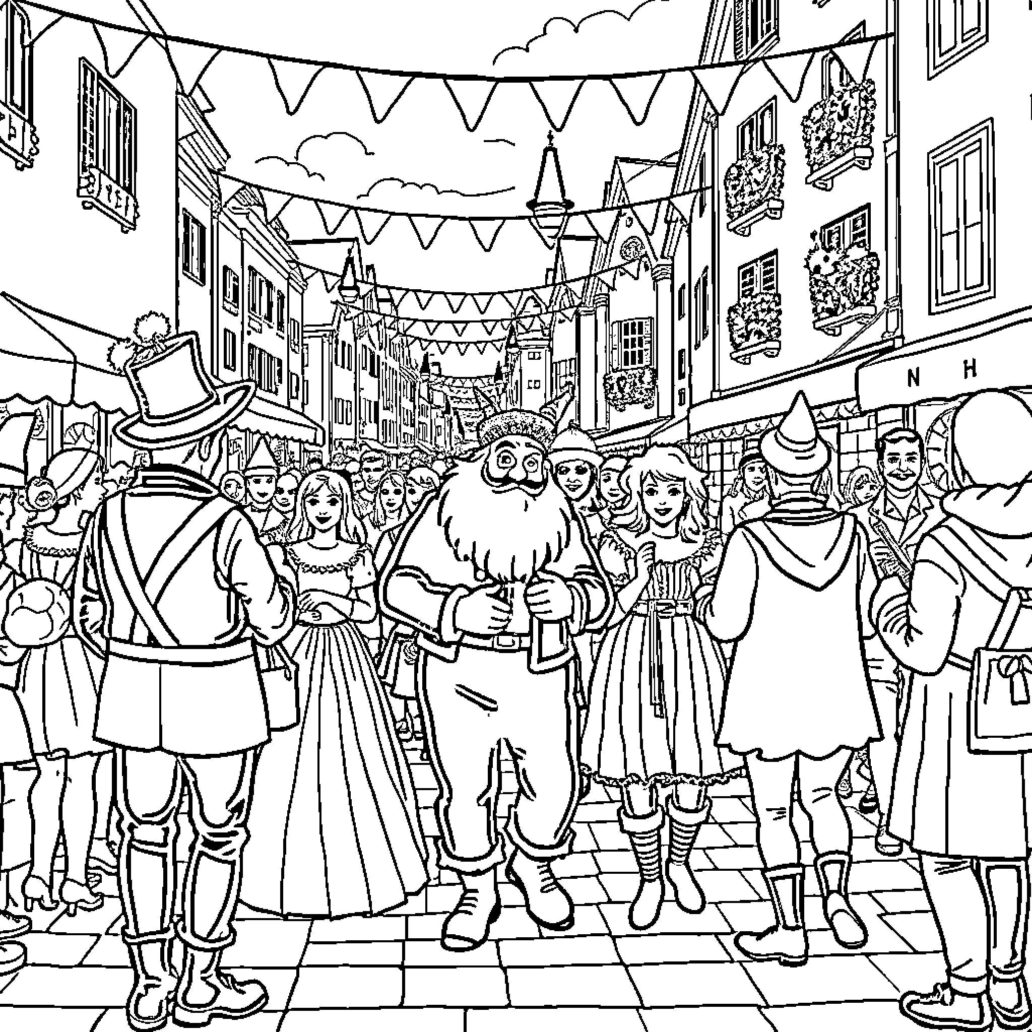 Waggis celebrating in a vibrant festival scene Coloring Page (free black-and-white line drawing printable PDF for all, from beginners to advanced learners, including children, teens, adults, and seniors)