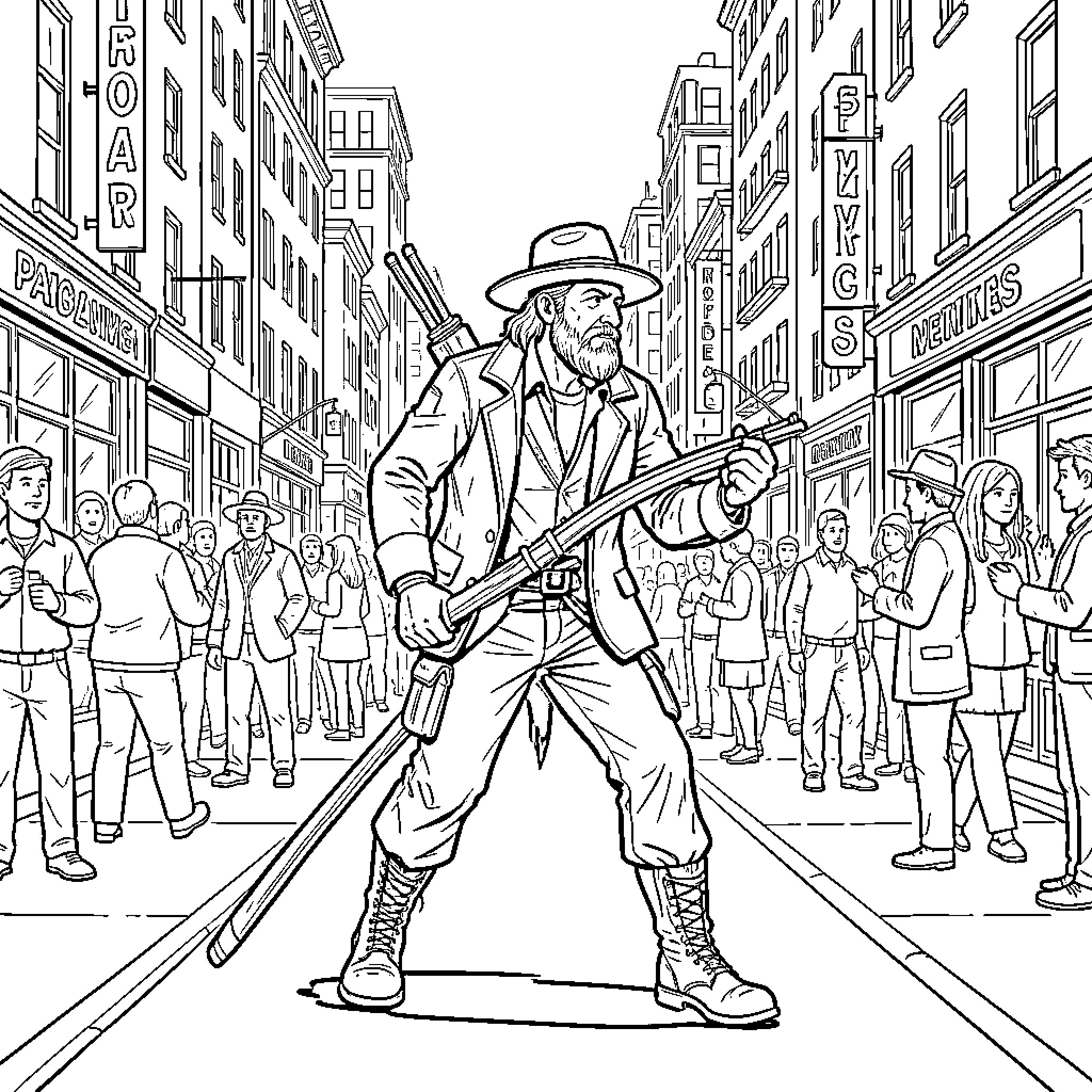 Hunter walking through a crowded city street Coloring Page (free black-and-white line drawing printable PDF for all, from beginners to advanced learners, including children, teens, adults, and seniors)