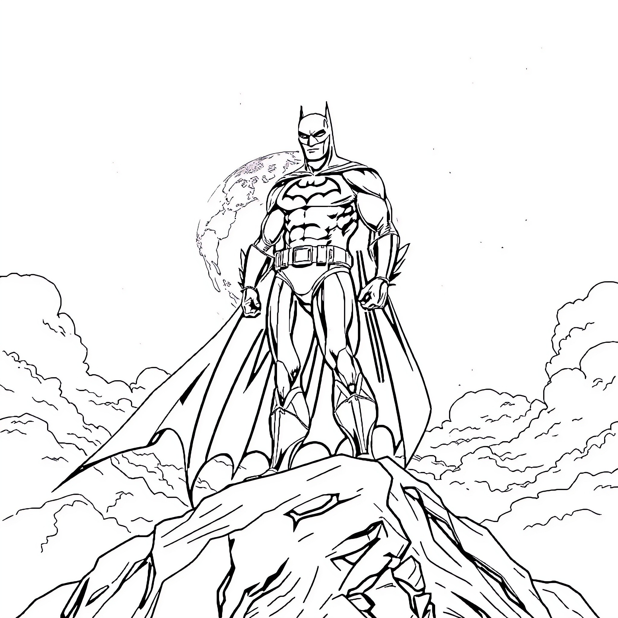 Batman surveying his domain from the mountaintop Coloring Page (free black-and-white line drawing printable PDF for all, from beginners to advanced learners, including children, teens, adults, and seniors)