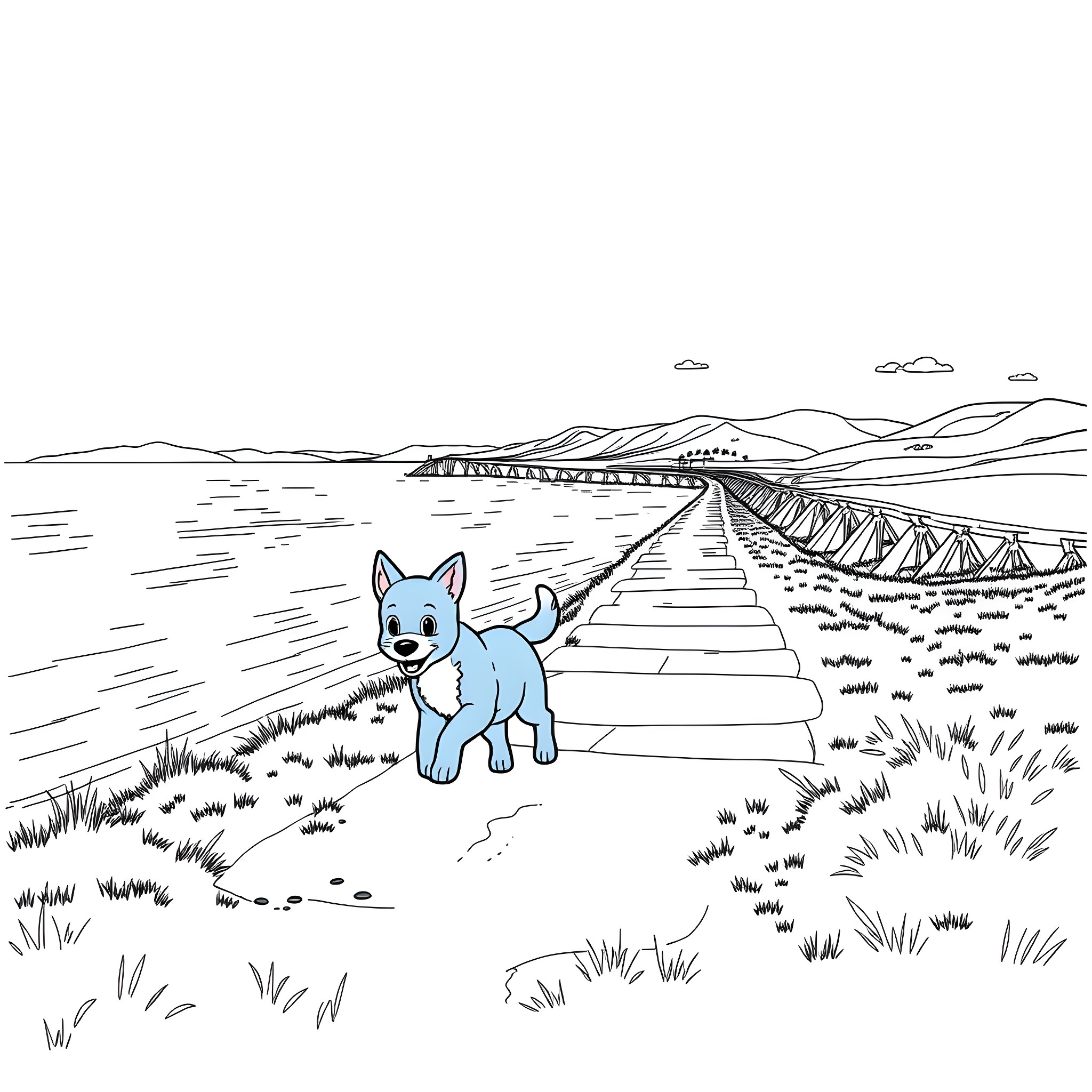 Bluey exploring the scenic countryside Coloring Page (free black-and-white line drawing printable PDF for all, from beginners to advanced learners, including children, teens, adults, and seniors)
