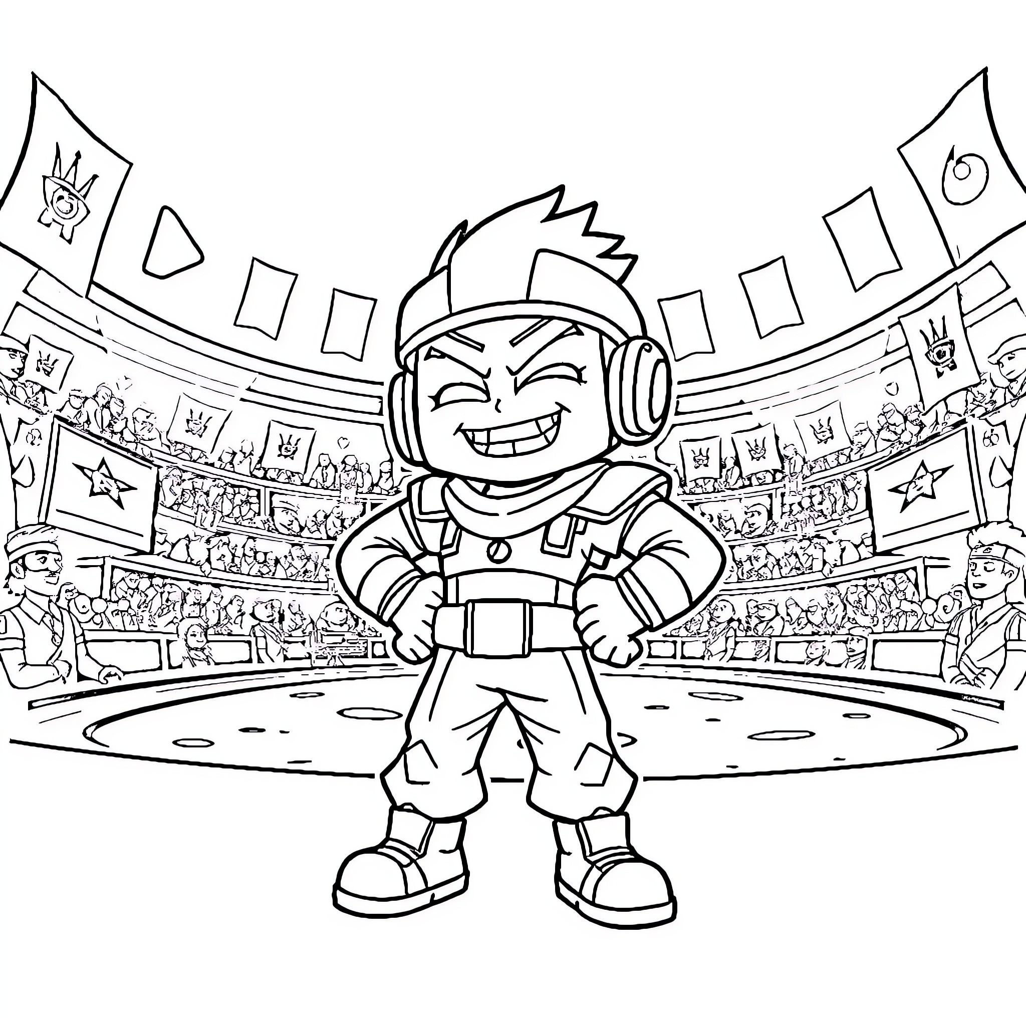 Brawl Stars: Energetic Character in Sports Arena Coloring Page (free black-and-white line drawing printable PDF for all, from beginners to advanced learners, including children, teens, adults, and seniors)