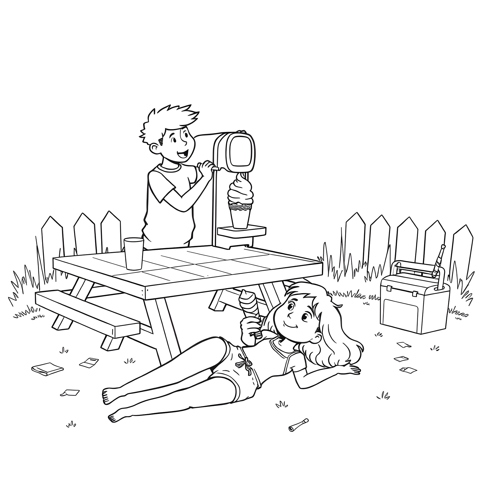 Ice Cream Treat on a Picnic Day Coloring Page (free black-and-white line drawing printable PDF for all, from beginners to advanced learners, including children, teens, adults, and seniors)