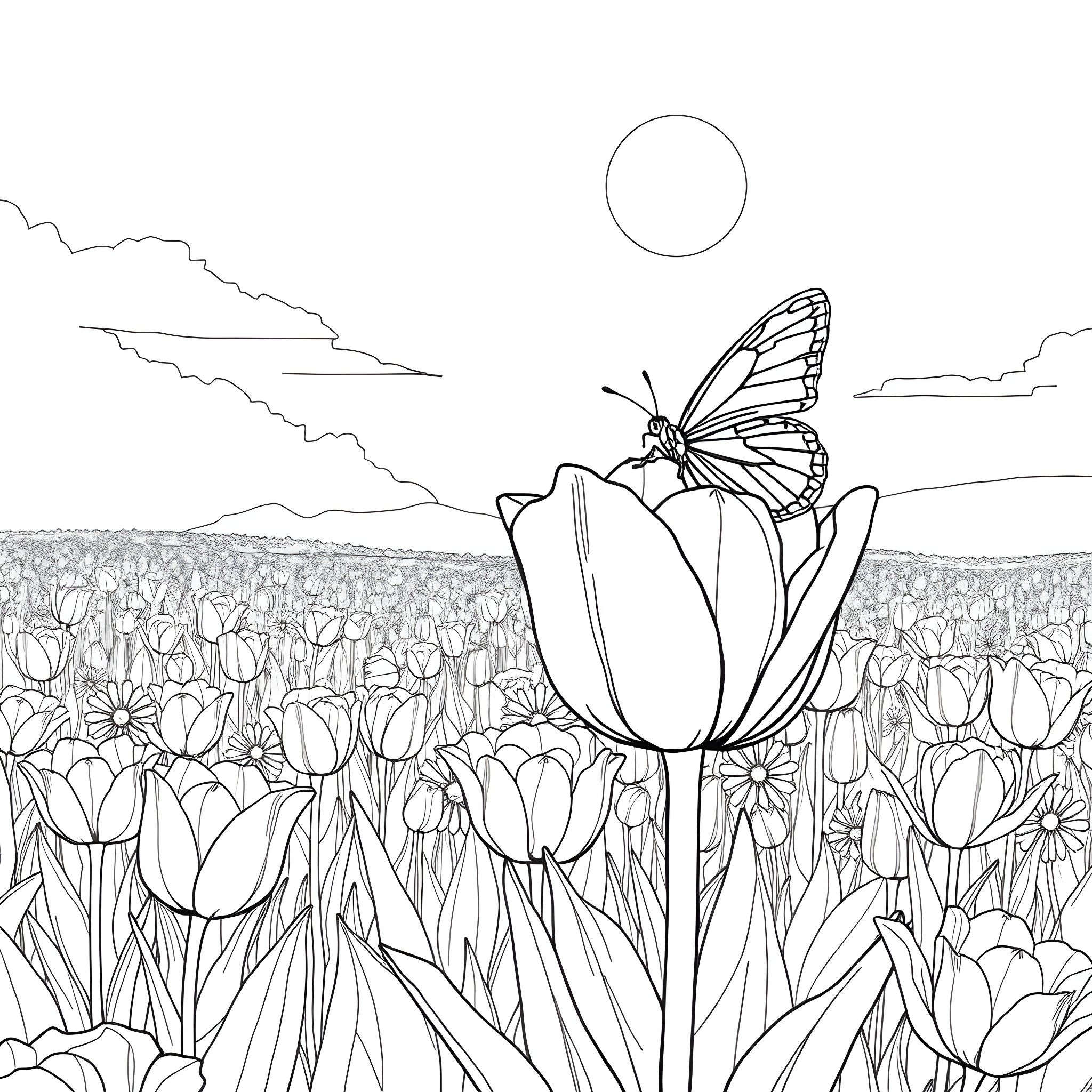 Butterfly resting on a tulip in a field Coloring Page (free black-and-white line drawing printable PDF for all, from beginners to advanced learners, including children, teens, adults, and seniors)