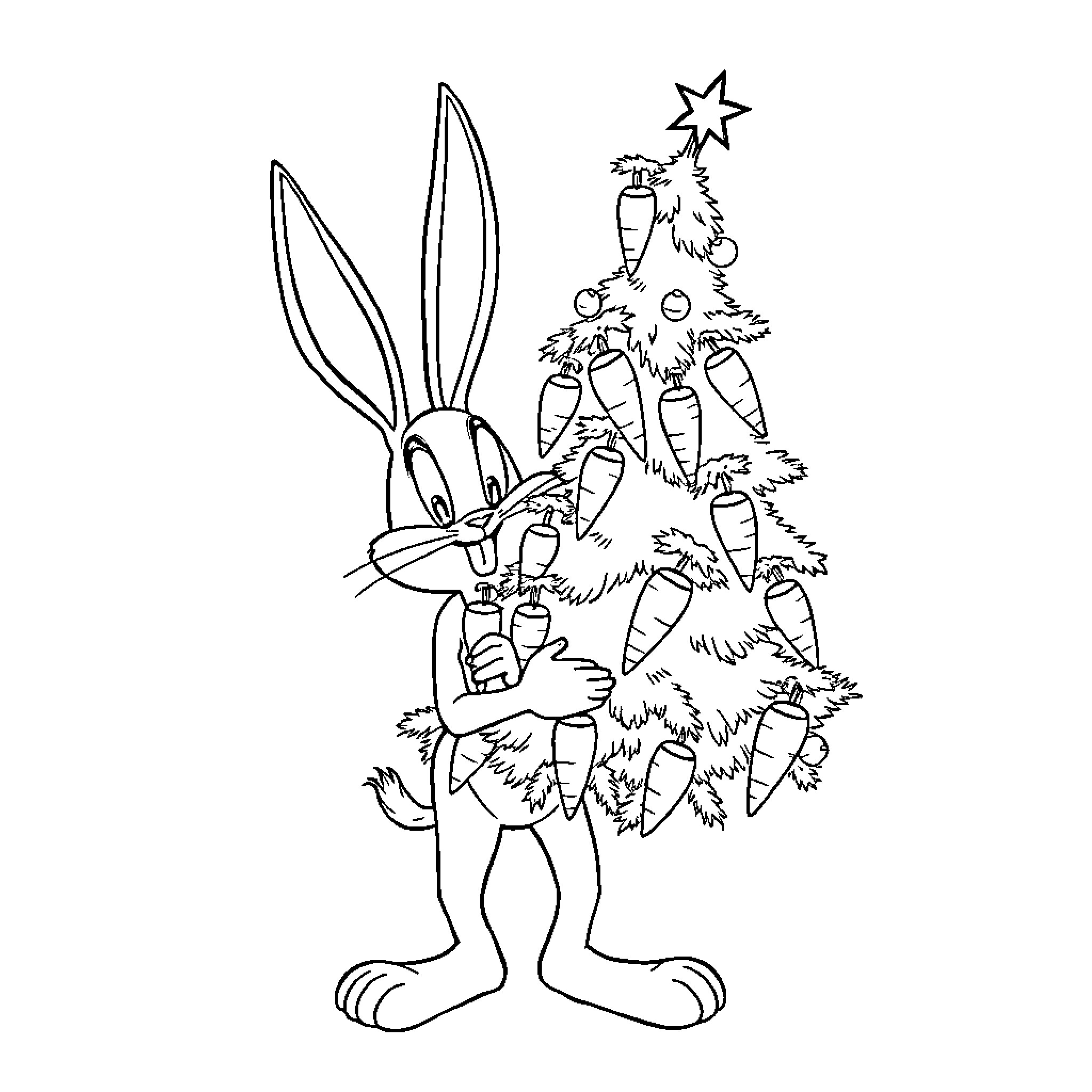 Bugs Bunny decorating a Christmas tree Coloring Page (free black-and-white line drawing printable PDF for all, from beginners to advanced learners, including children, teens, adults, and seniors)
