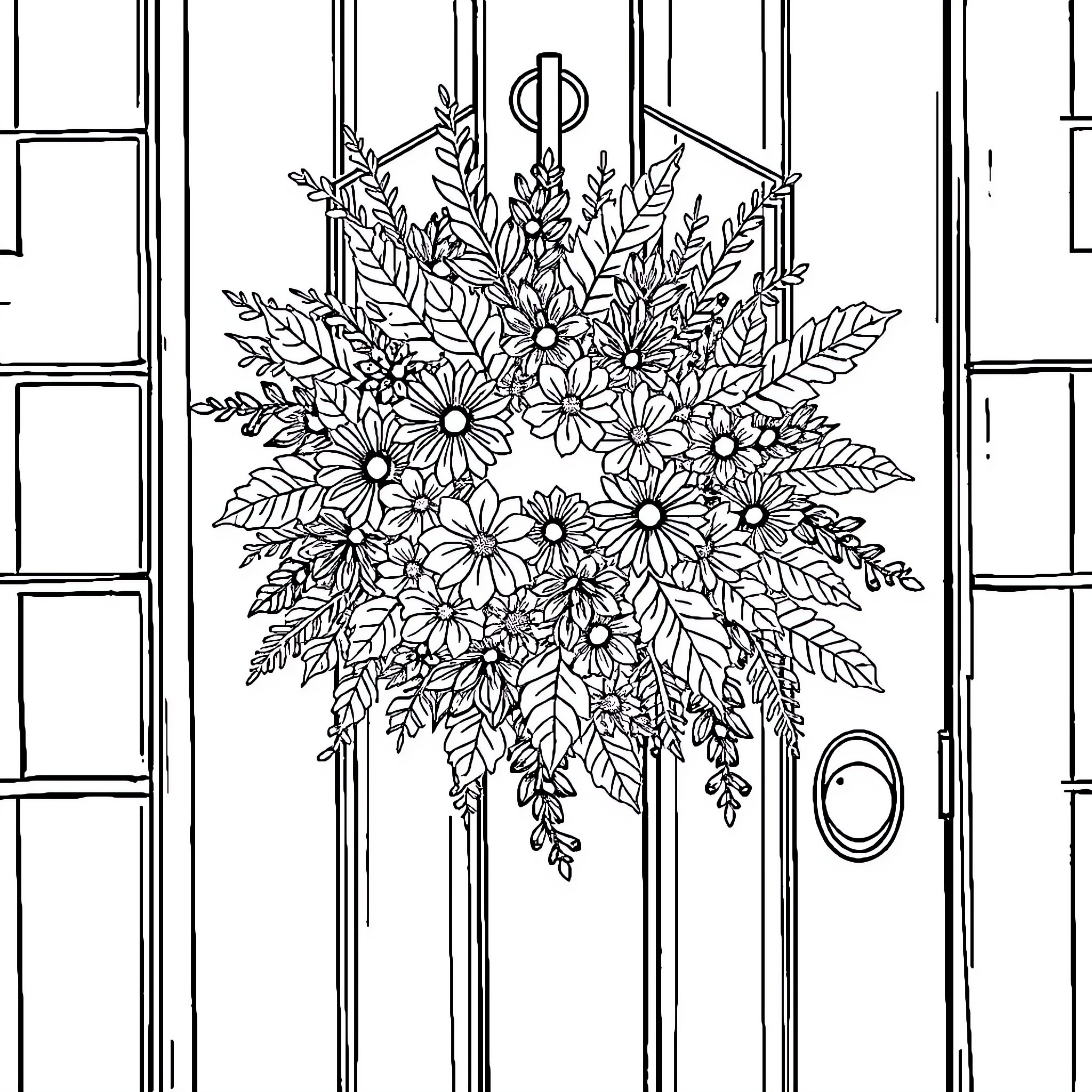 Wreath of Intricate Floral Arrangements Coloring Page (free black-and-white line drawing printable PDF for all, from beginners to advanced learners, including children, teens, adults, and seniors)