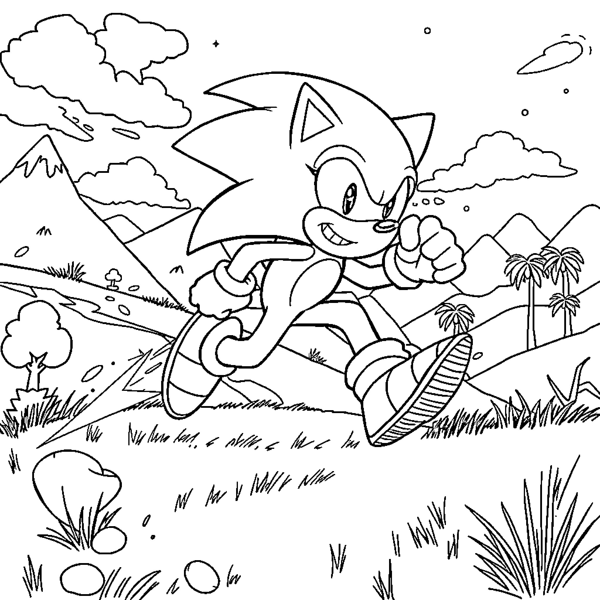 Sonic's Joyful Adventure in the Scenic Landscape Coloring Page (free black-and-white line drawing printable PDF for all, from beginners to advanced learners, including children, teens, adults, and seniors)