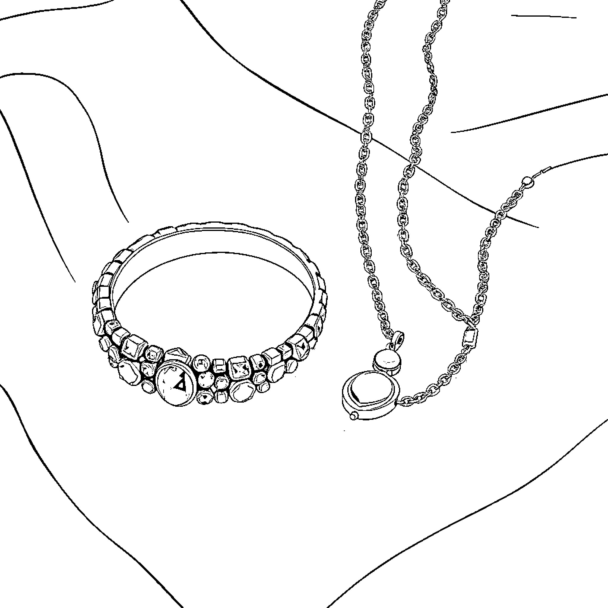 Jewelry with Sparkling Accents Coloring Page (free black-and-white line drawing printable PDF for all, from beginners to advanced learners, including children, teens, adults, and seniors)