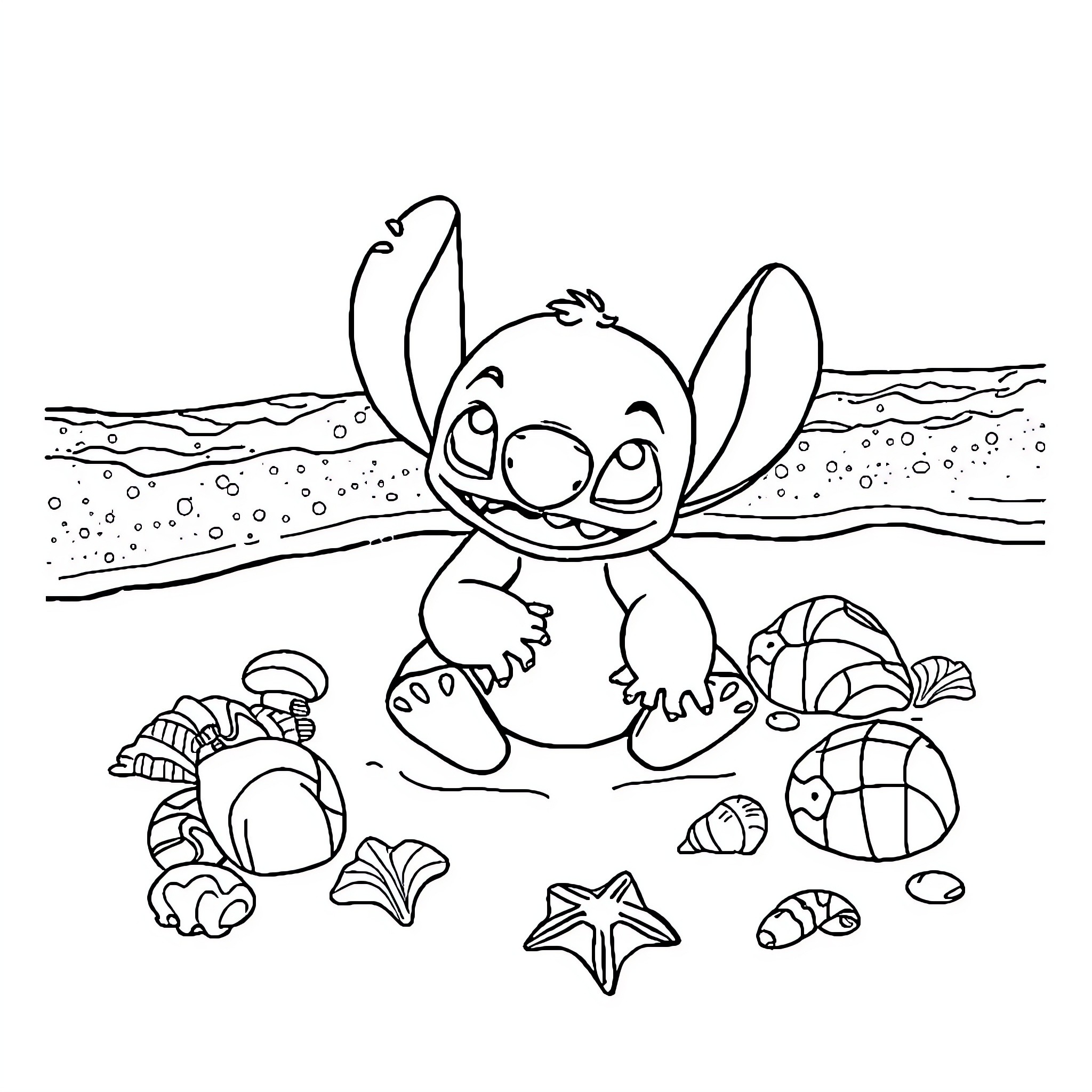 Stitch explores the underwater seascape Coloring Page (free black-and-white line drawing printable PDF for all, from beginners to advanced learners, including children, teens, adults, and seniors)