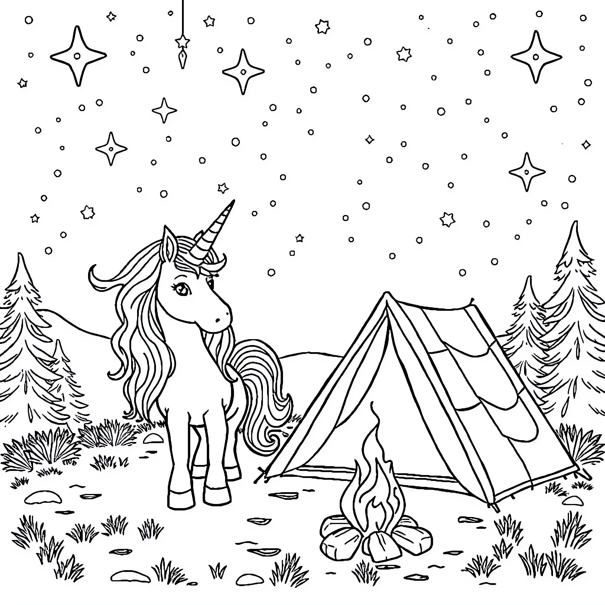 Unicorn camping under starry night sky Coloring Page (free black-and-white line drawing printable PDF for all, from beginners to advanced learners, including children, teens, adults, and seniors)
