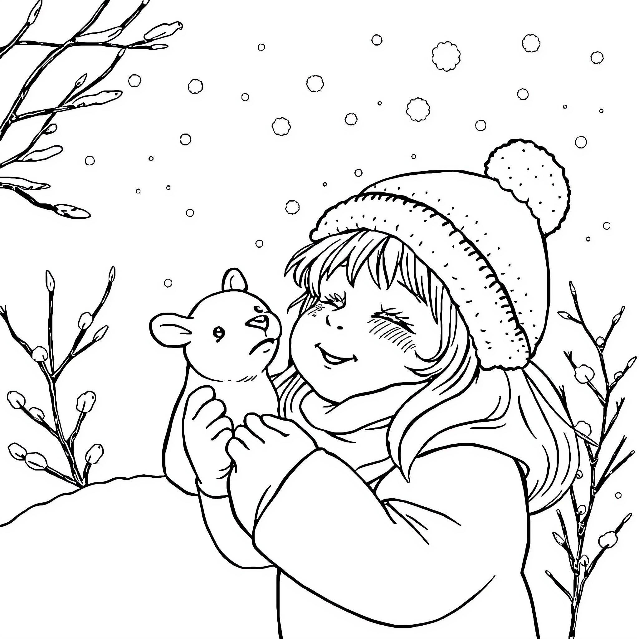 Girl playing with cute animal in winter Coloring Page (free black-and-white line drawing printable PDF for all, from beginners to advanced learners, including children, teens, adults, and seniors)