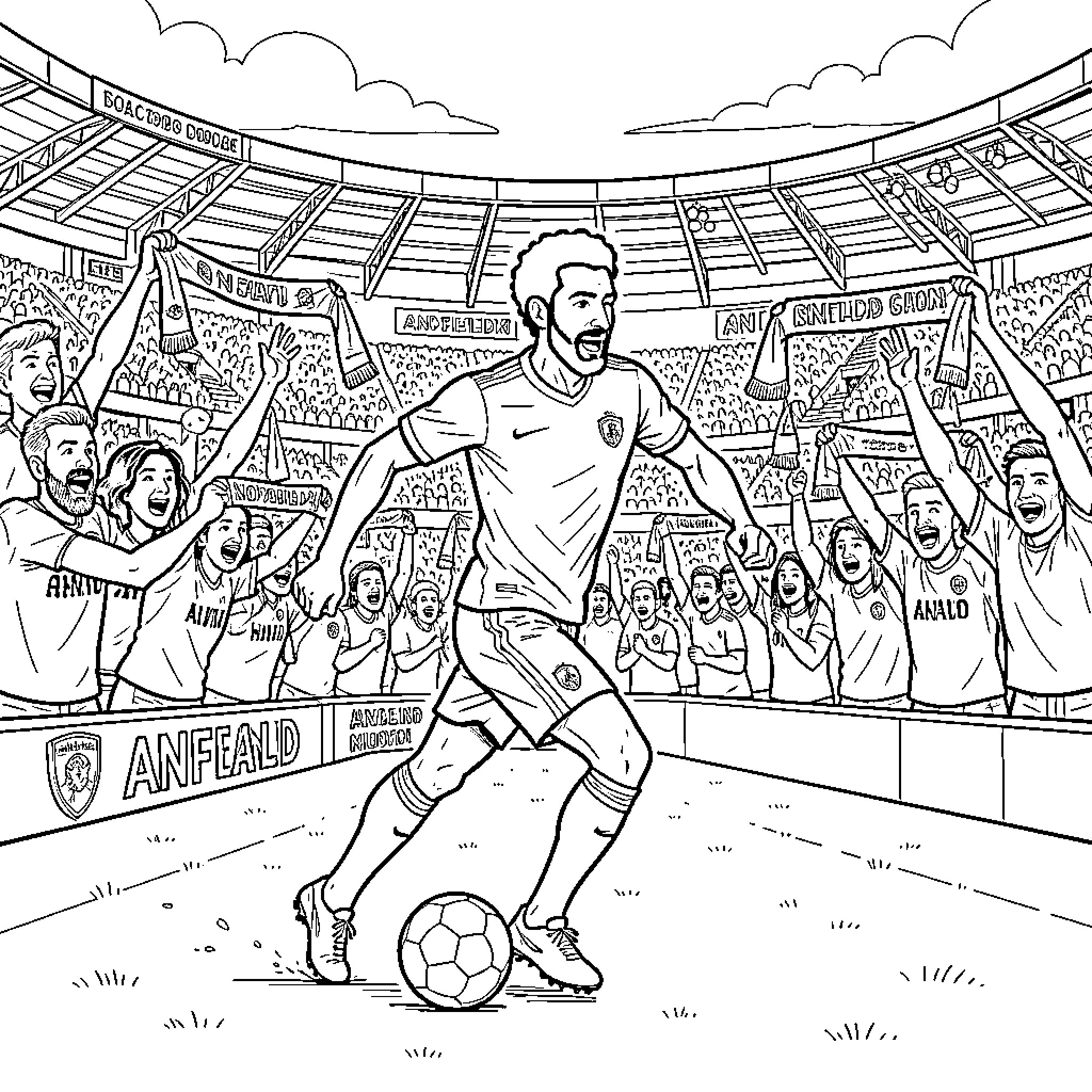 Mo Salah Celebrating Goal in Stadium Coloring Page (free black-and-white line drawing printable PDF for all, from beginners to advanced learners, including children, teens, adults, and seniors)