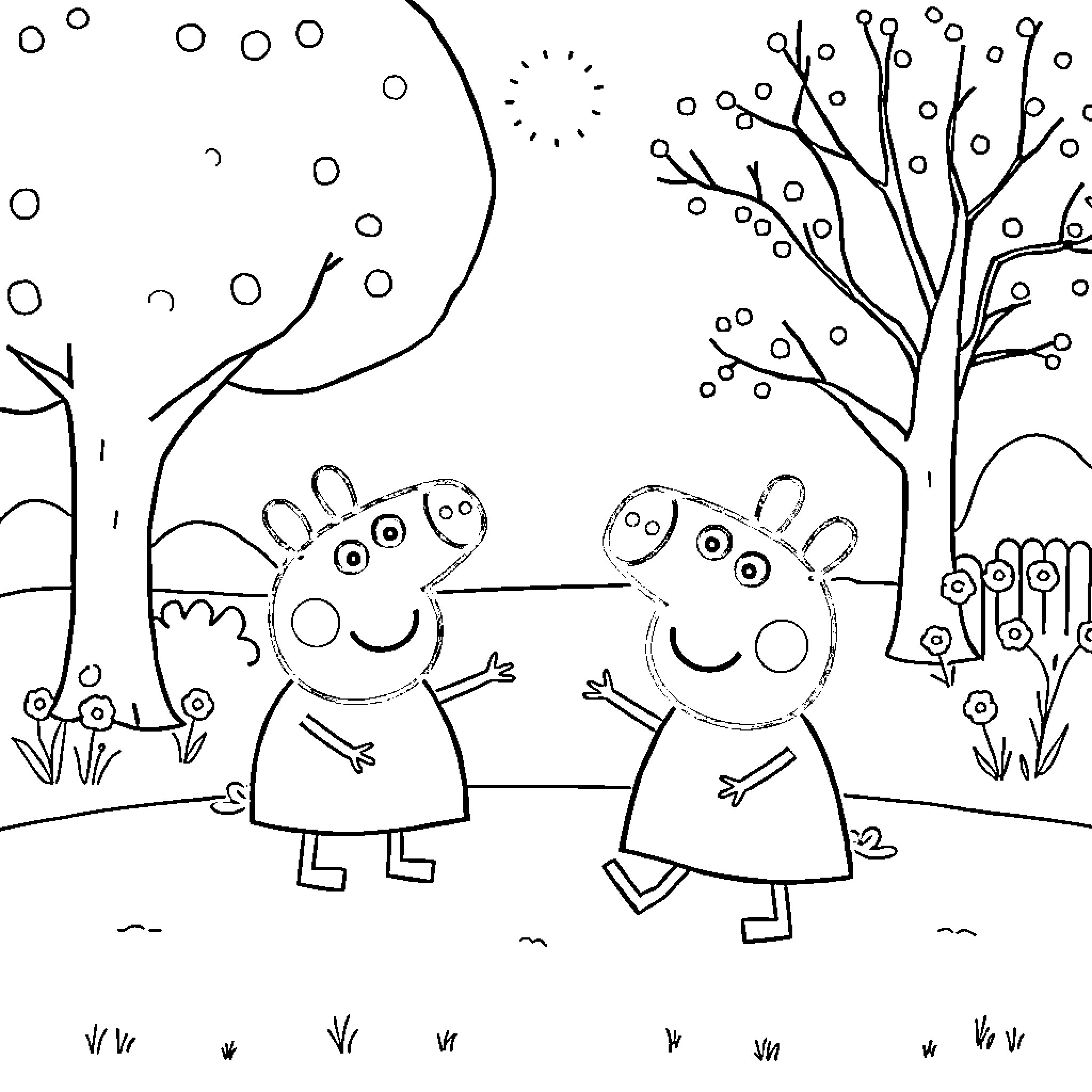 Peppa Pig and Friends Enjoying Winter Wonderland Coloring Page (free black-and-white line drawing printable PDF for all, from beginners to advanced learners, including children, teens, adults, and seniors)