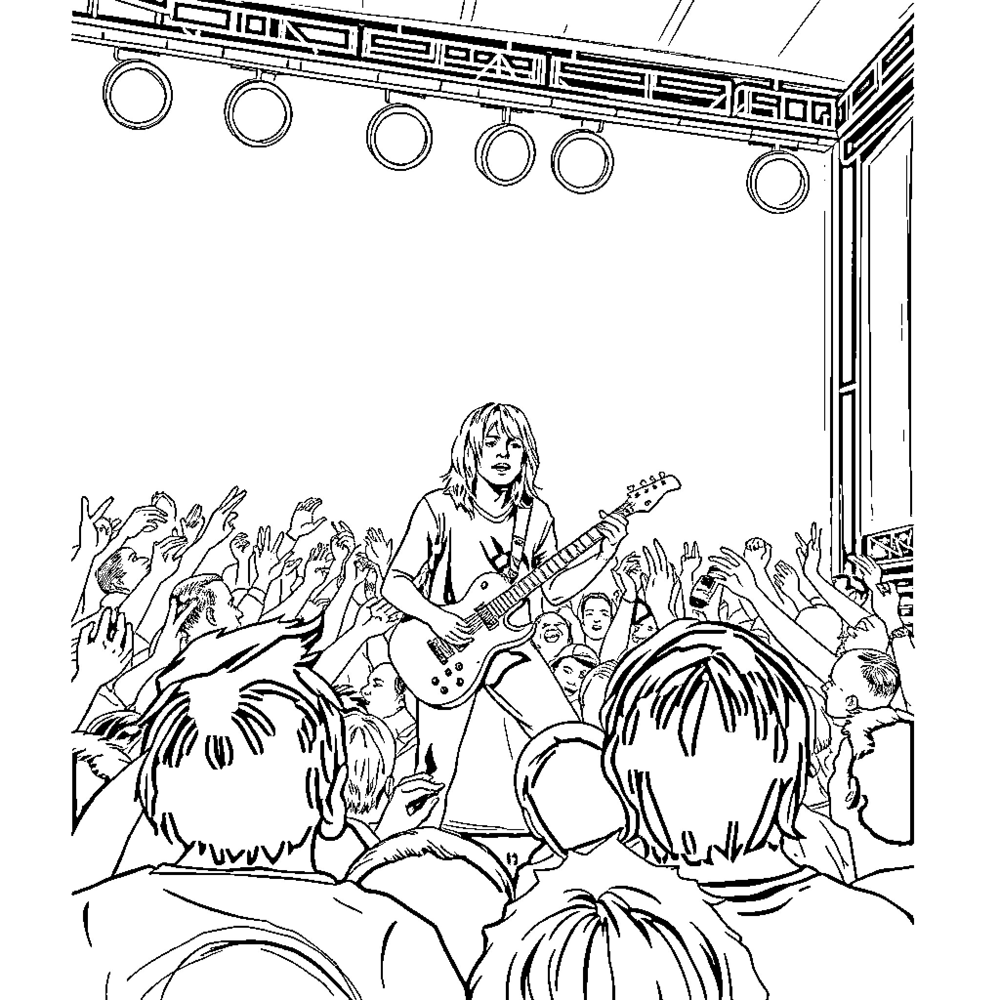 Kurt Cobain performing on stage with energetic crowd Coloring Page (free black-and-white line drawing printable PDF for all, from beginners to advanced learners, including children, teens, adults, and seniors)