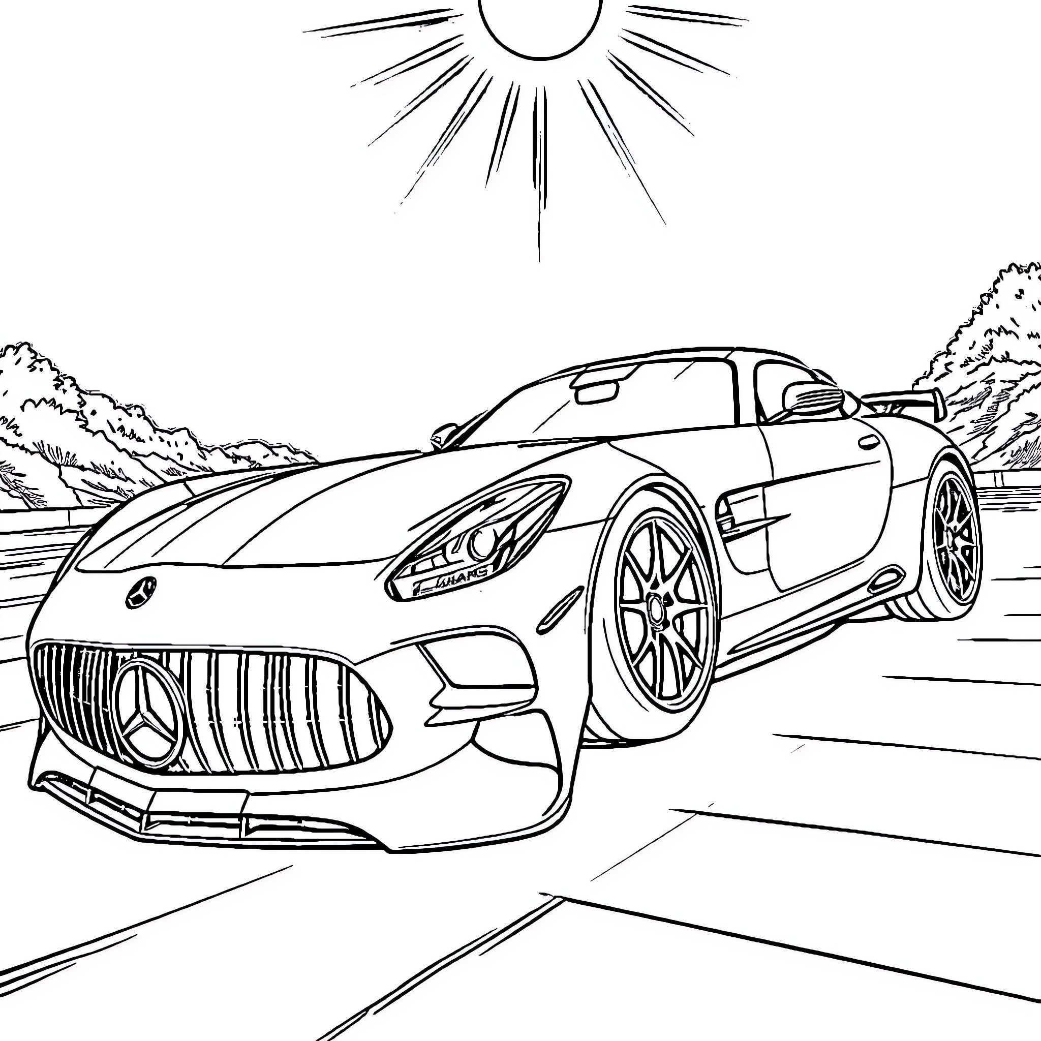 Mercedes AMG sports car speeding on road Coloring Page (free black-and-white line drawing printable PDF for all, from beginners to advanced learners, including children, teens, adults, and seniors)