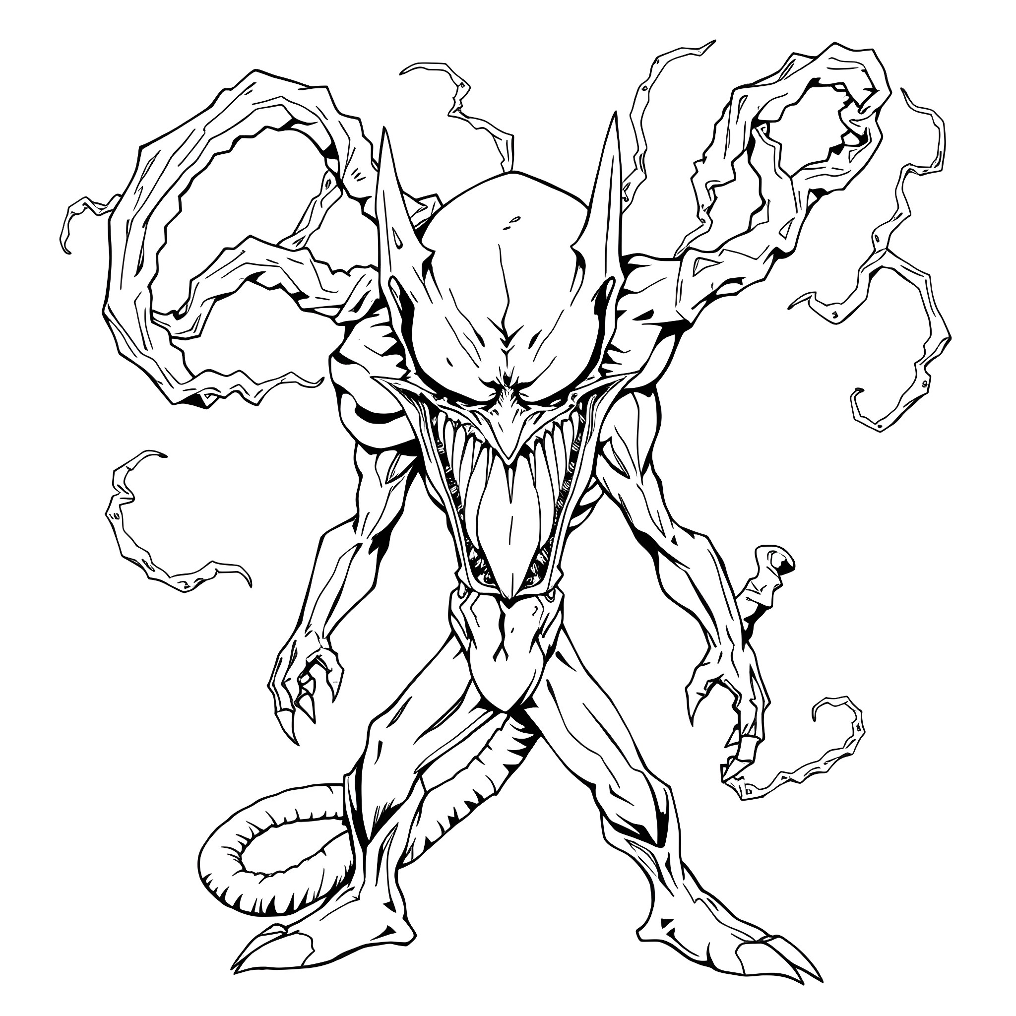 Bizarnage - Grotesque alien creature with sharp claws Coloring Page (free black-and-white line drawing printable PDF for all, from beginners to advanced learners, including children, teens, adults, and seniors)