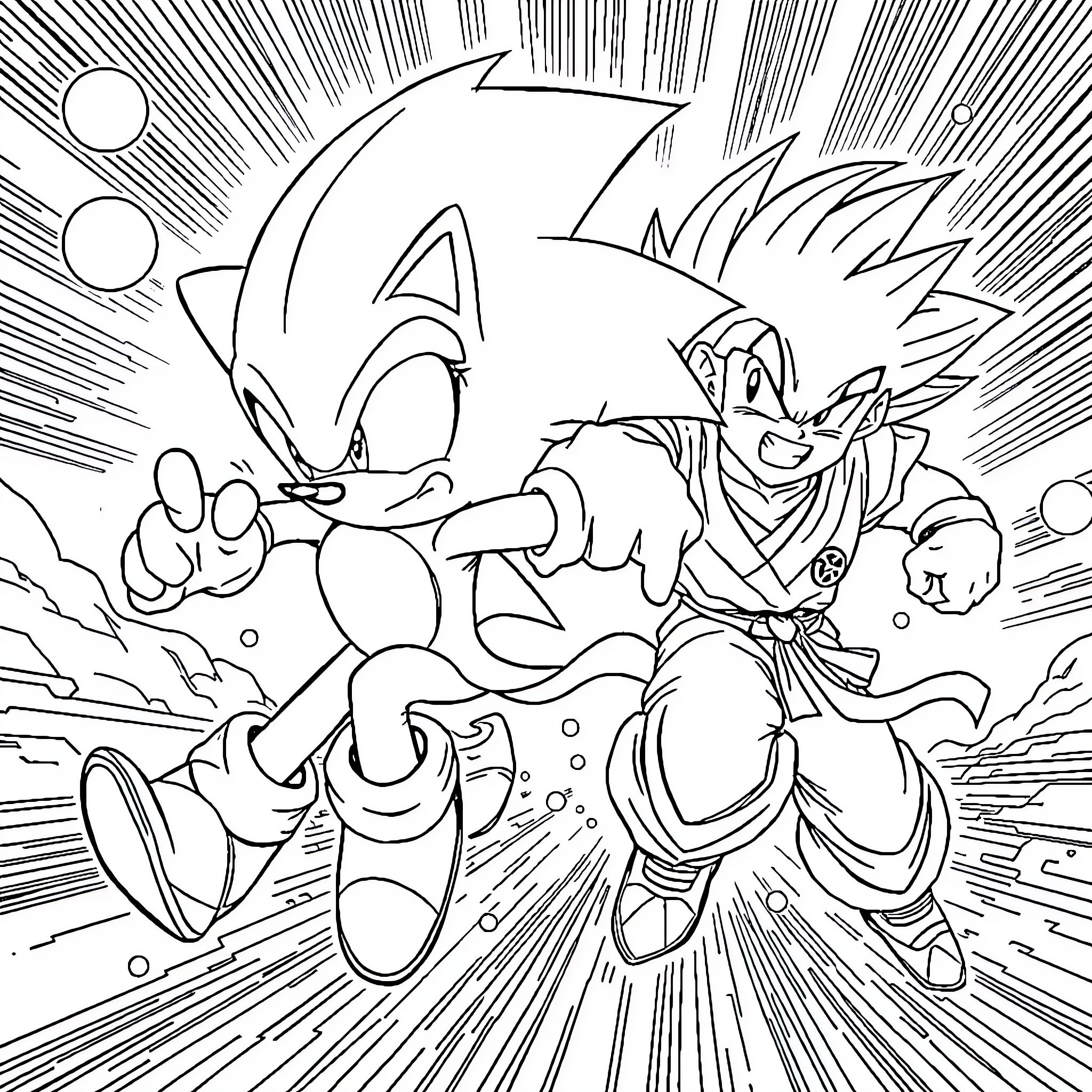 Sonic characters in an epic battle scene Coloring Page (free black-and-white line drawing printable PDF for all, from beginners to advanced learners, including children, teens, adults, and seniors)