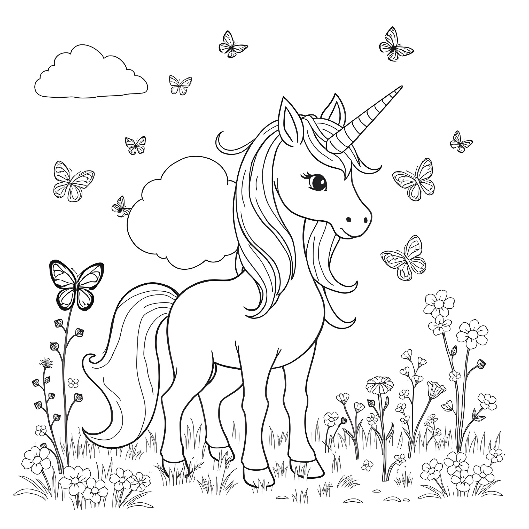 Unicorn standing amidst flowers and butterflies Coloring Page (free black-and-white line drawing printable PDF for all, from beginners to advanced learners, including children, teens, adults, and seniors)