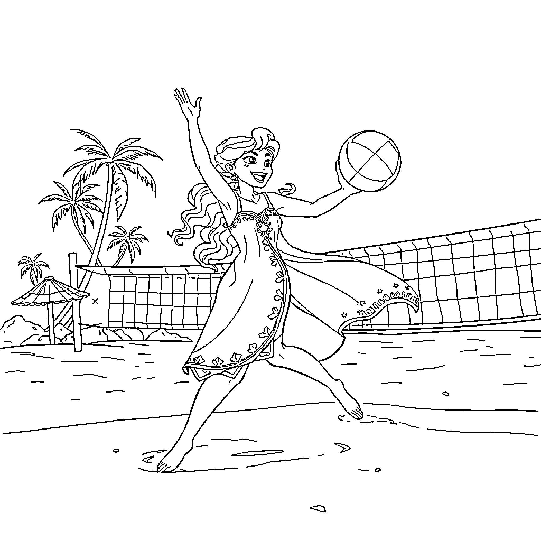 Queen playing beach volleyball with enthusiasm Coloring Page (free black-and-white line drawing printable PDF for all, from beginners to advanced learners, including children, teens, adults, and seniors)
