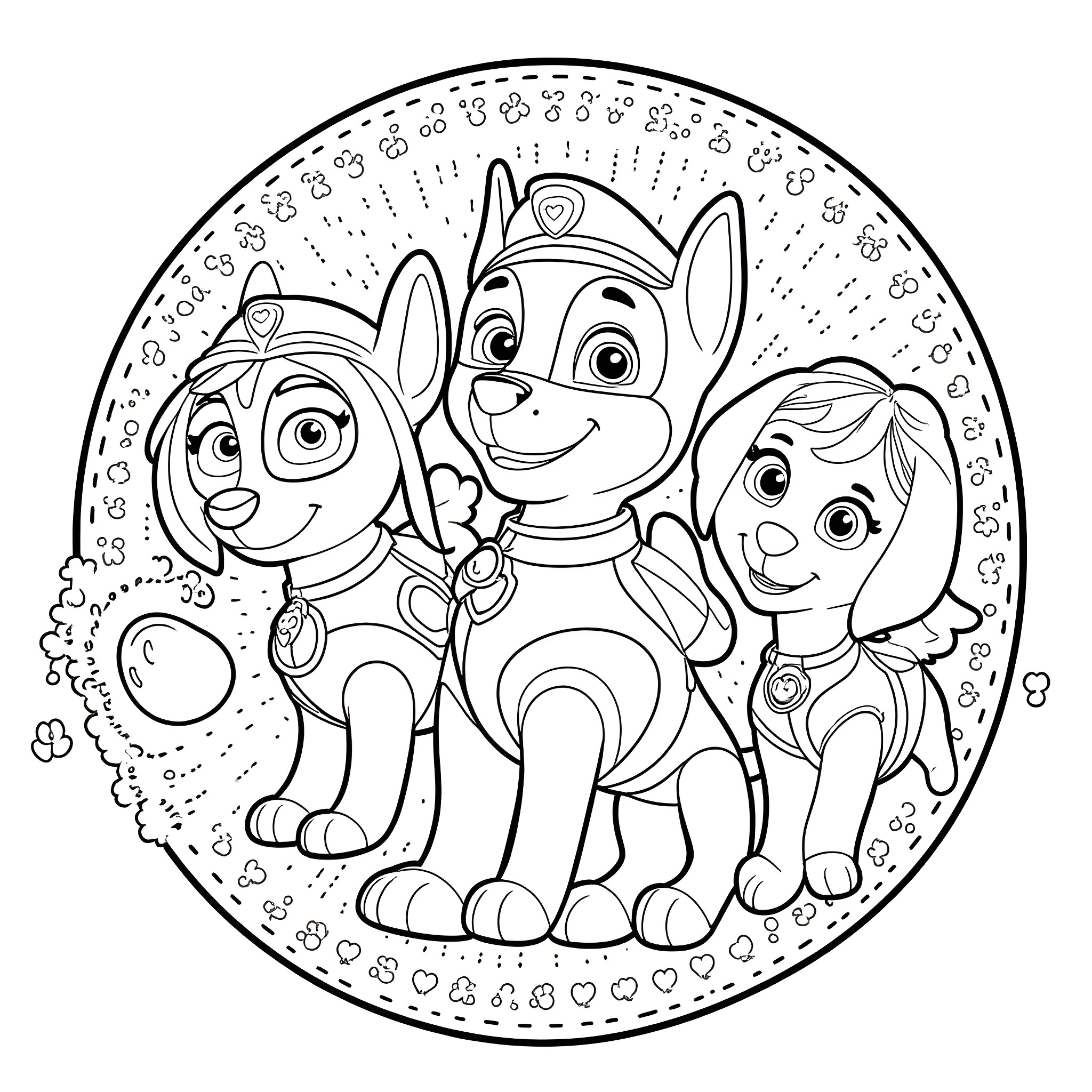Paw Patrol characters in a fun and playful scene Coloring Page (free black-and-white line drawing printable PDF for all, from beginners to advanced learners, including children, teens, adults, and seniors)