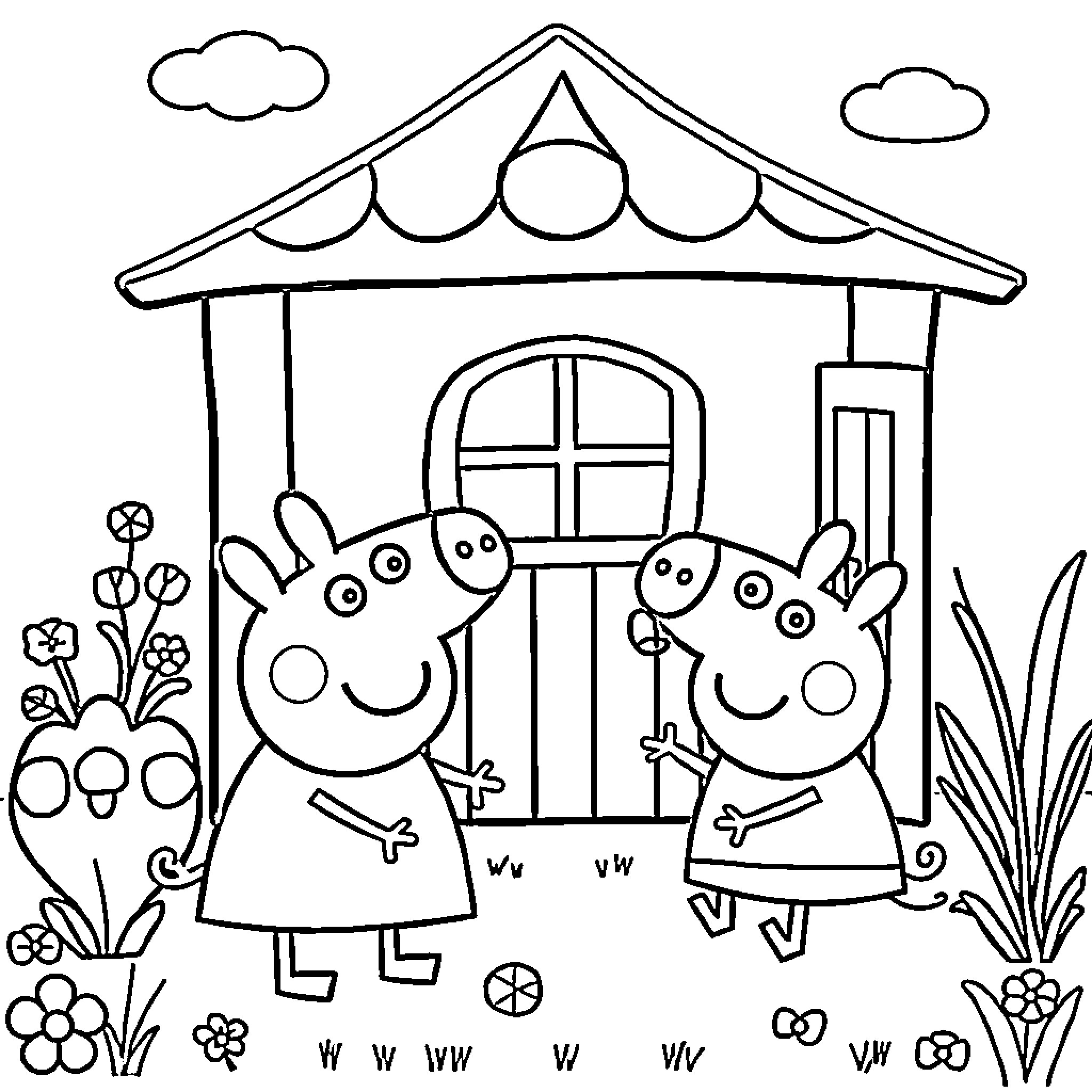 Peppa Pig and her friend in the cottage Coloring Page (free black-and-white line drawing printable PDF for all, from beginners to advanced learners, including children, teens, adults, and seniors)