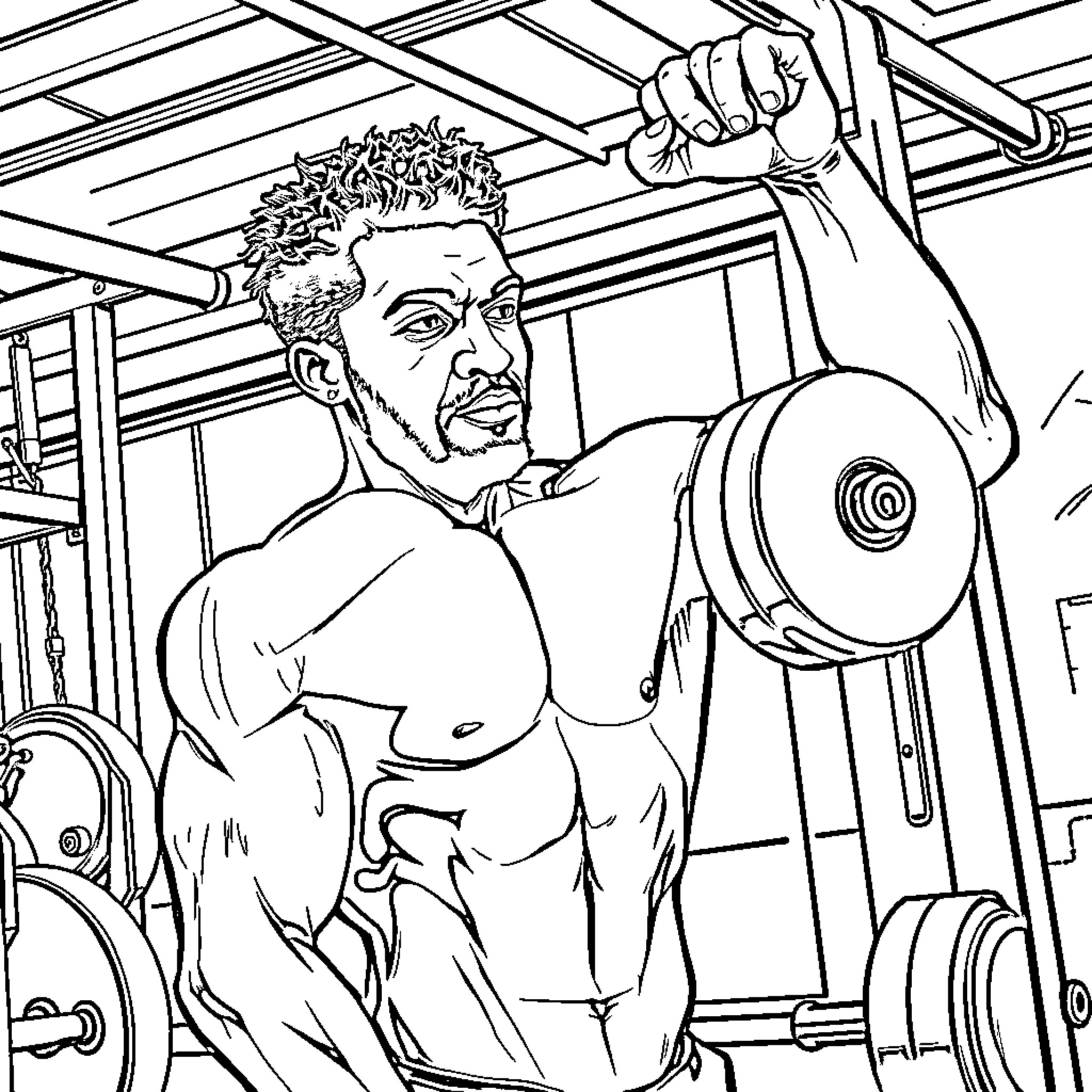 Train powerful man lifting weights in gym Coloring Page (free black-and-white line drawing printable PDF for all, from beginners to advanced learners, including children, teens, adults, and seniors)