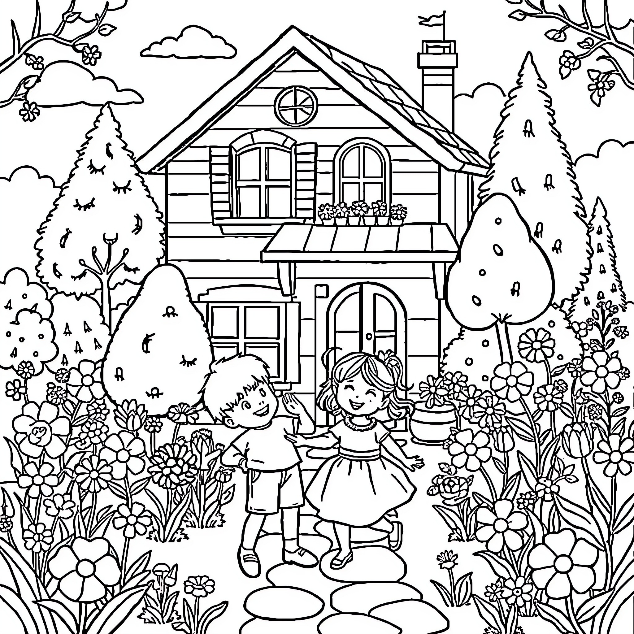 Child playing in lush garden near cozy cottage Coloring Page (free black-and-white line drawing printable PDF for all, from beginners to advanced learners, including children, teens, adults, and seniors)