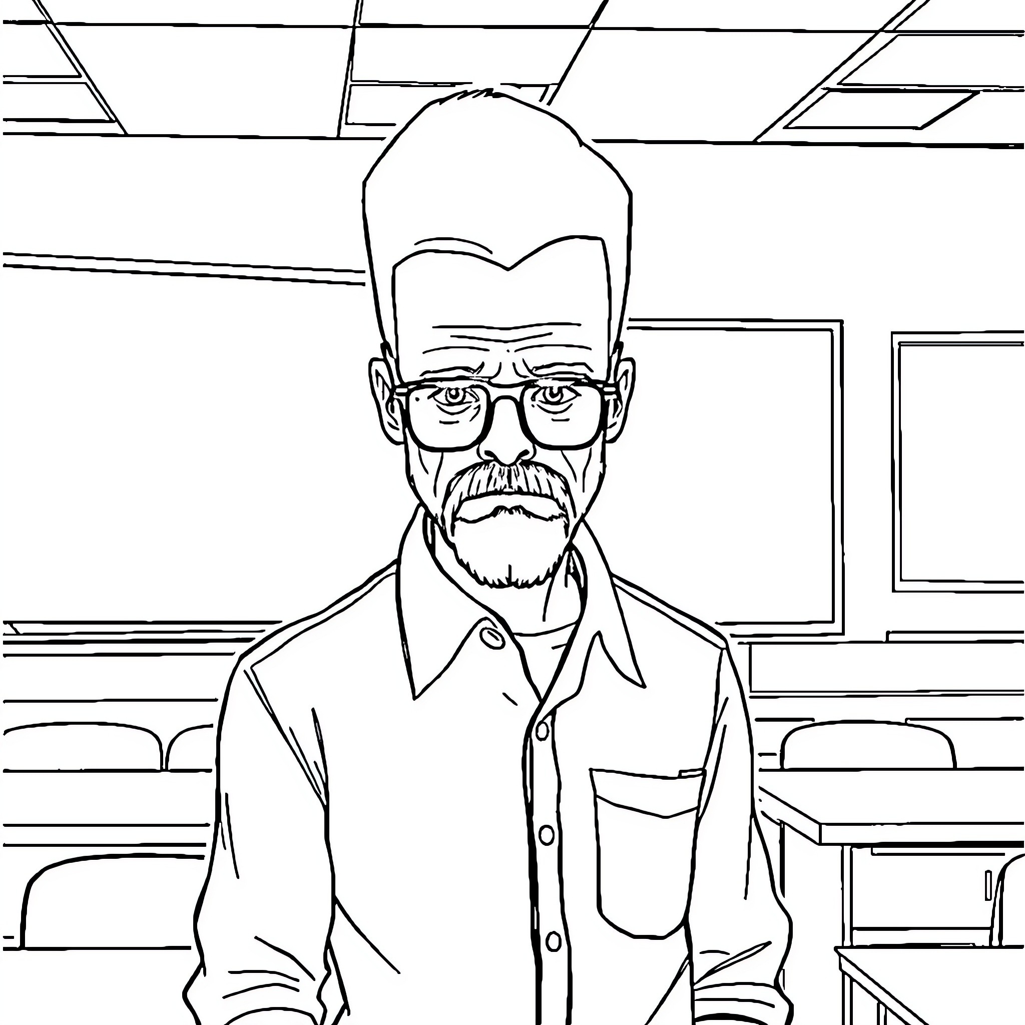 Walter White in a Thoughtful Moment Coloring Page (free black-and-white line drawing printable PDF for all, from beginners to advanced learners, including children, teens, adults, and seniors)