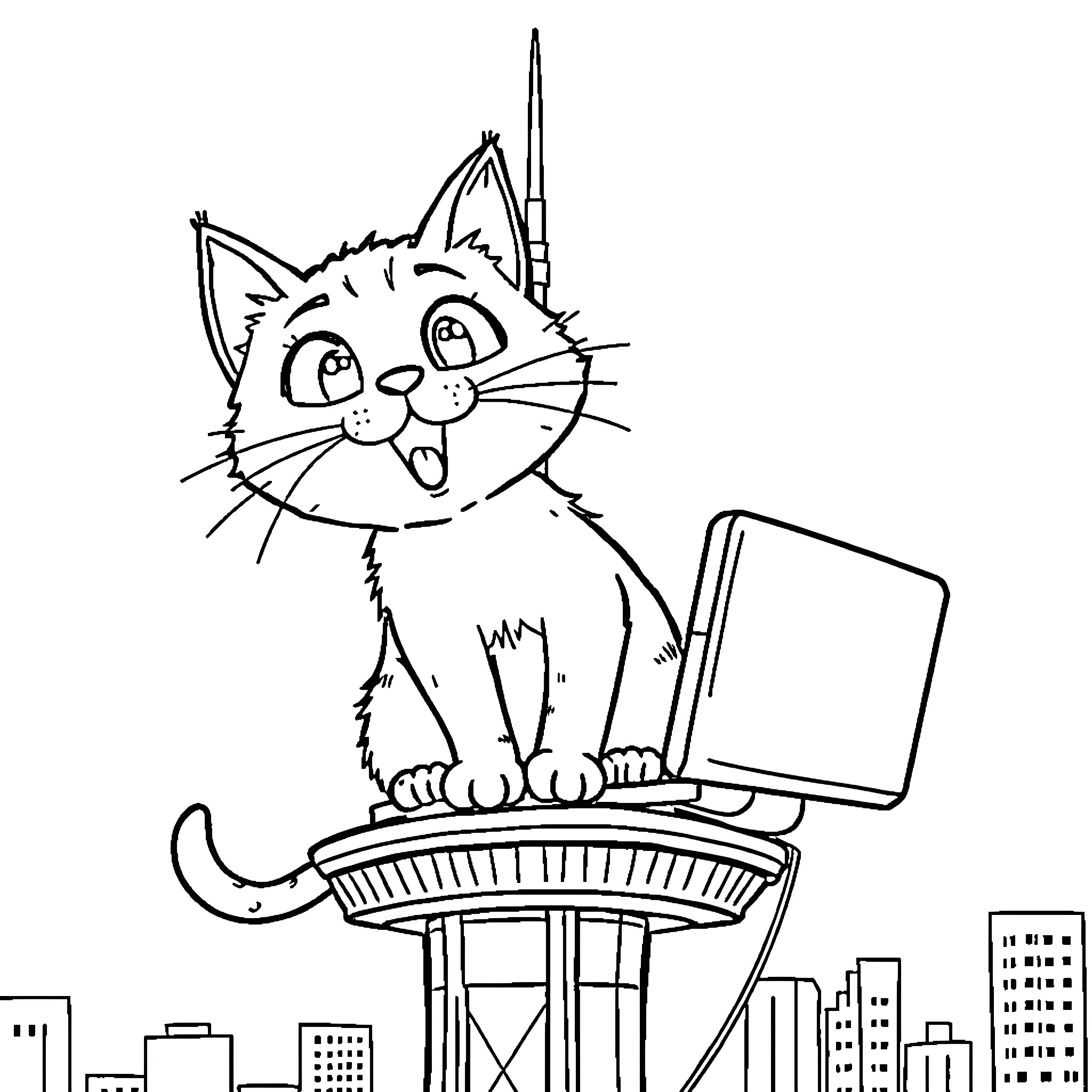 Cat Surprised by City View on Computer Coloring Page (free black-and-white line drawing printable PDF for all, from beginners to advanced learners, including children, teens, adults, and seniors)