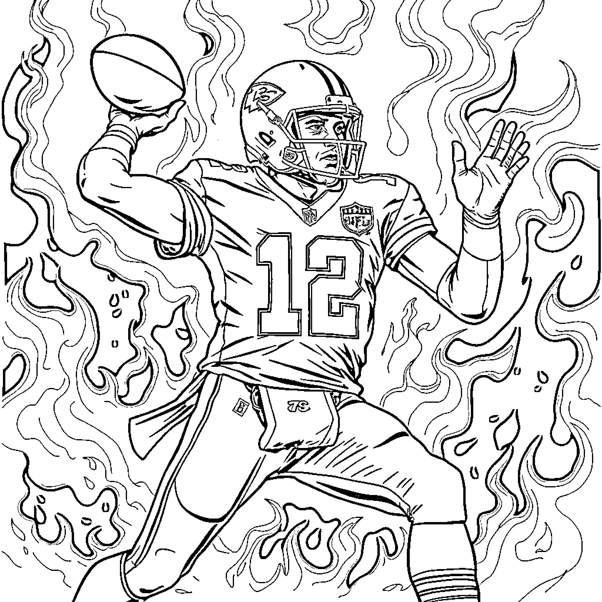 Patrick Mahomes Dominating the Opposing Team Coloring Page (free black-and-white line drawing printable PDF for all, from beginners to advanced learners, including children, teens, adults, and seniors)
