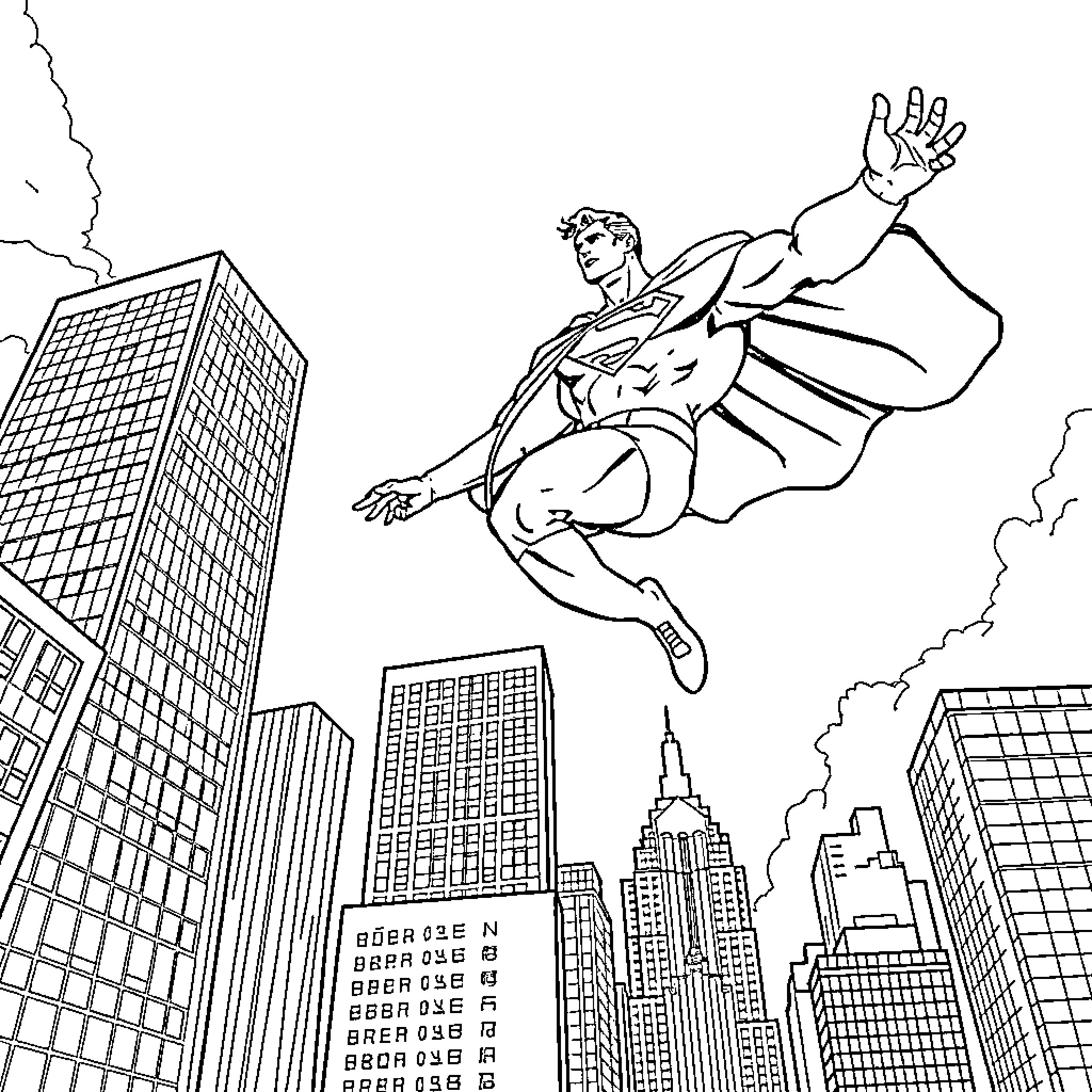 Superman soaring above the city skyscrapers Coloring Page (free black-and-white line drawing printable PDF for all, from beginners to advanced learners, including children, teens, adults, and seniors)